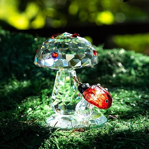 Miniatura 3 de H&D HYALINE & DORA Mariquita de cristal en hongo y mariposa voladora de cristal con base de bola, figuras de animales de vidrio, regalos de boda