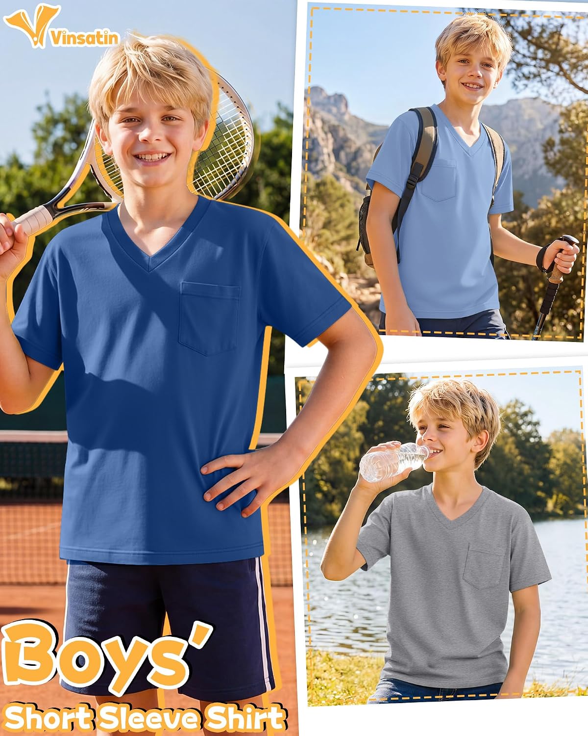 4 Pack Boys' Short Sleeve T-Shirts Pocket V Neck Loose Fit Tops Tween Kids Casual Solid Summer Basic Tees 5-14 Years