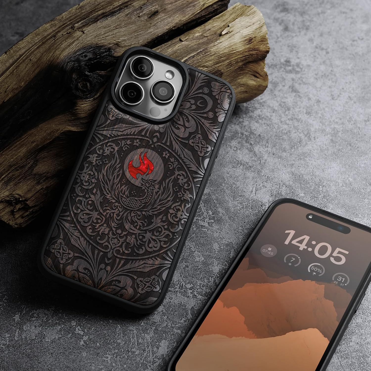 Carveit Magnetic Case for iPhone 16 Pro Max Case, Wood Artisan Engraved & Handmade Shell Inlaid, TPU Shockproof Cover, Compatible with MagSafe Wireless Chargers (Phoenix in Symmetry) Blackwood