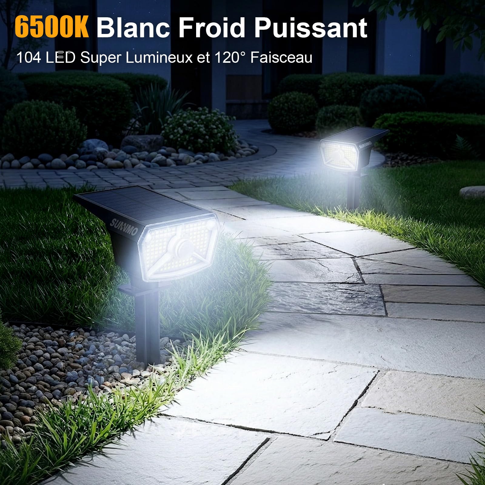 Spot Solaire Exterieur Detecteur de Mouvement 104LED 3 Modes IP65 Blanc Froid Lot de 4