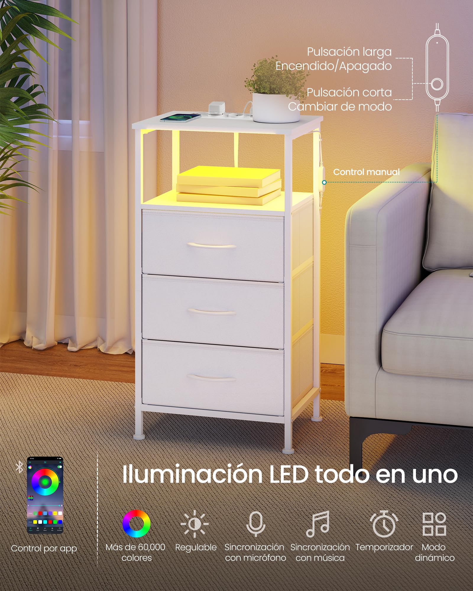 SONGMICS BELLAH Colección - Mesita de Noche con Estación de Carga, Mesa Auxiliar con Luz LED Ajustable Controlada por App, 1 Estante y 3 Cajones, Juego de 2, Blanco Nube LGS203W102