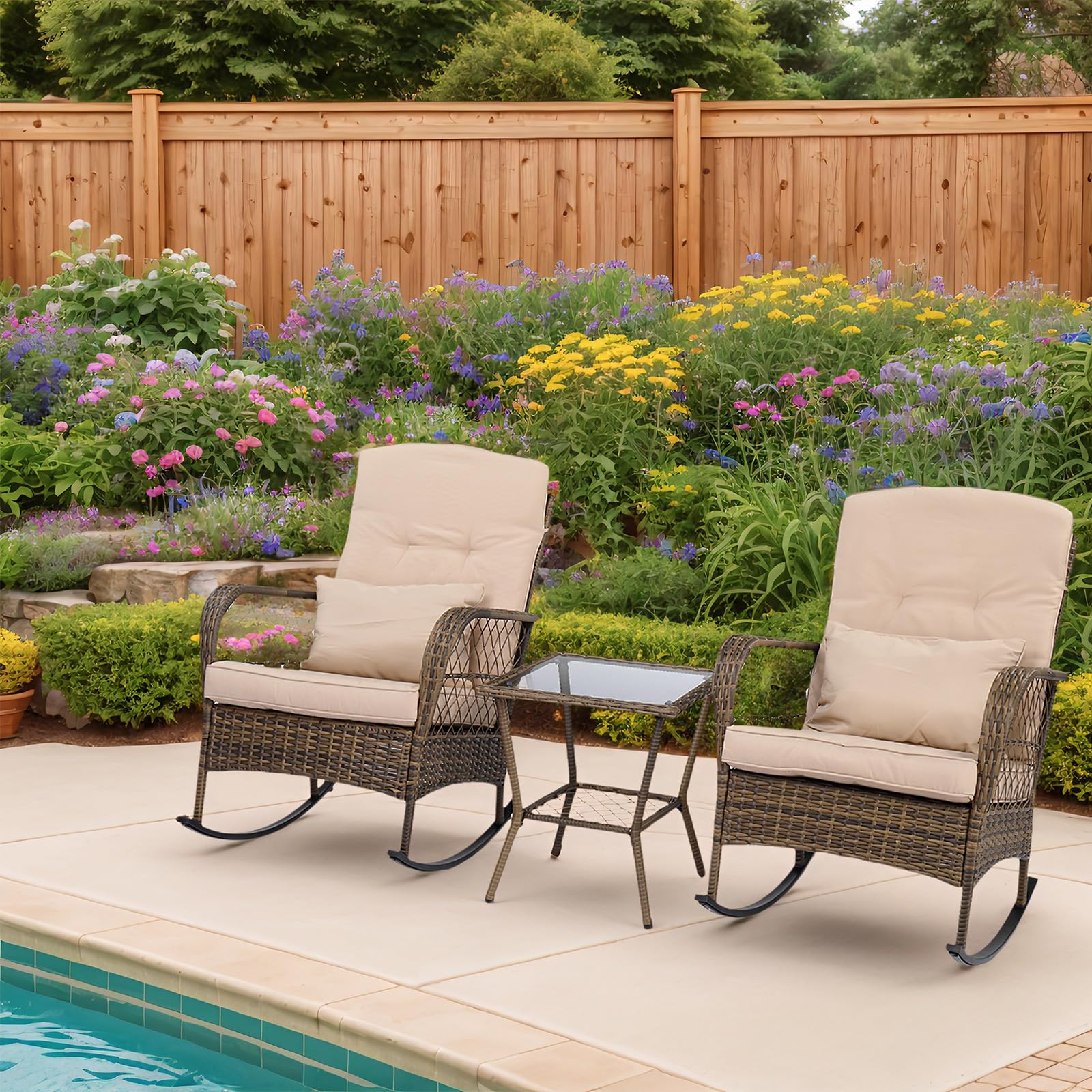 LEADZM Gartenmöbel Set für 2 Personen，Polyrattan Balkonmöbel 3-teiliges Set, Wetterfest, Komfortabel & Lässig, 2 Schaukelstühle & Tisch, für Garten, Balkon, Terrasse,Beige