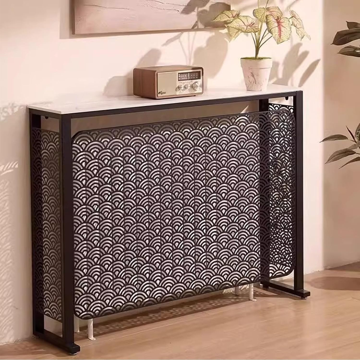 Radiator Covers for Home,Hollow Heating Cabinet Shelf with Adjustable Foot Pads,Rock Slabs Countertop, Iron Frame Material for Living Room Bedroom Entrance(Black,31x31x10in/80x80x25cm)