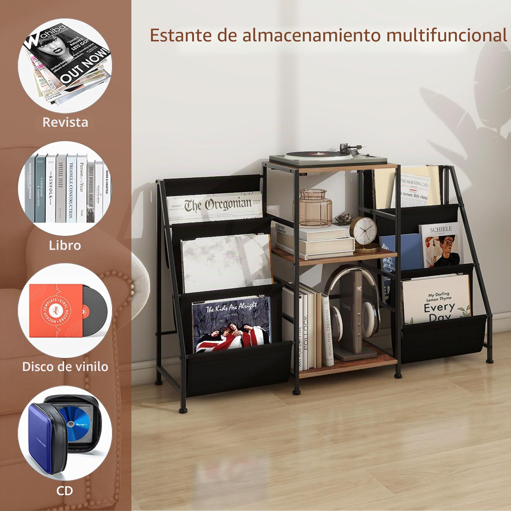 VEDECASA Estantería de libros mesa auxiliar con estante de 3 niveles para vinilos, soporte para discos de vinilo para sala de estar, mesa auxiliar con reproductor de vinilos para hasta 200 álbumes