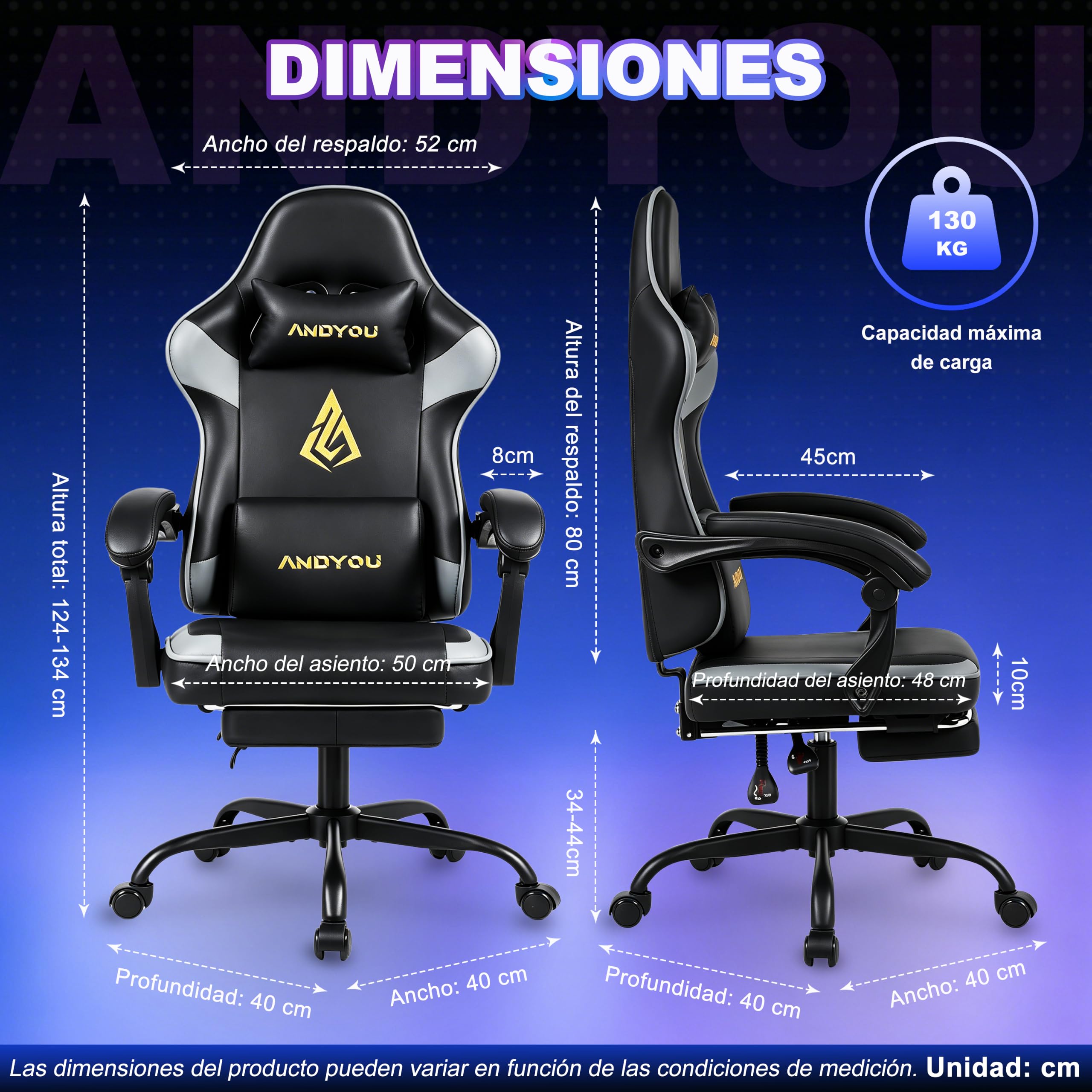 Andyou Silla Gaming Ergonomica con Reposapiés–Regulable en Altura, Cuero PU, Reposacabezas y Soporte Lumbar, Respaldo Reclinable 90-135°, 130 kg, Negro