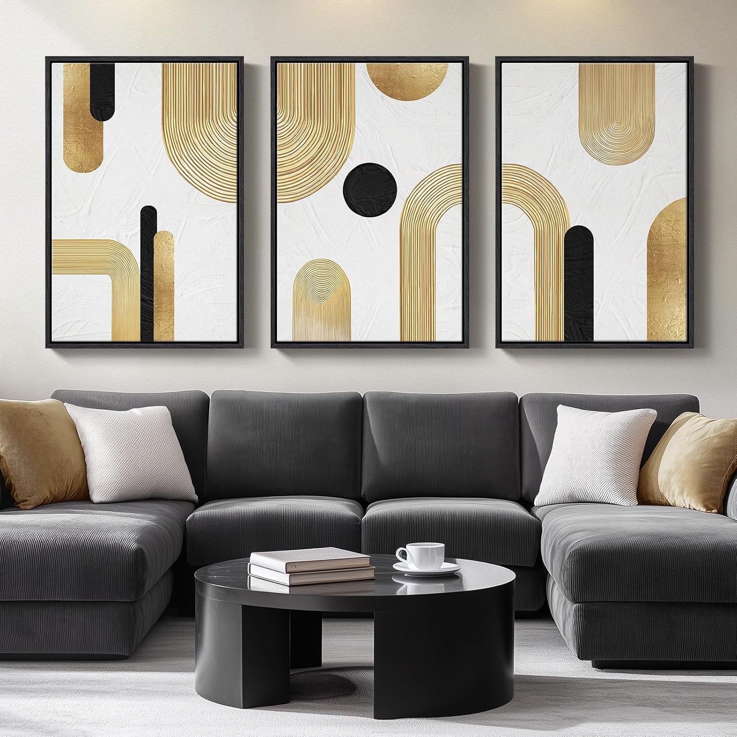 Large Framed Gold Abstract Geometric Wall Art for LIving Room, 3 Piece Modern Canvas Prints Paintings Artwork for Walls, Minimalist Black White Gold Pictures for Hallway Office Wall Decor 24x36 Inch 24" W x 36" H x 3Pcs Bold