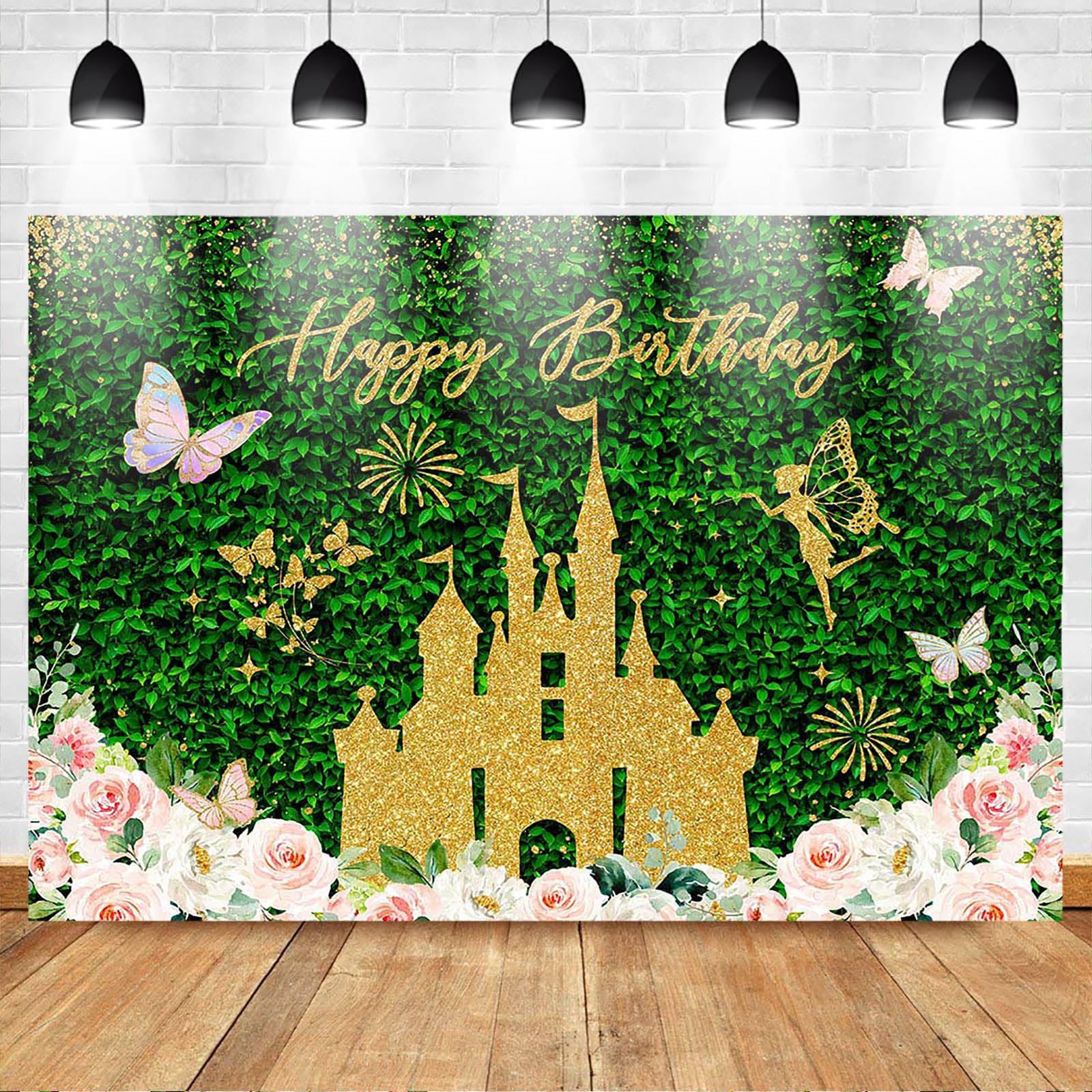 Avezano Zieleń tło urodzinowe złoty zamek różowy kwiatowy Happy Birthday Party dekoracje zielone liście motyl kobiety dziewczyny urodziny sesja zdjęciowa tło baner materiały (3 x 2,1 m)