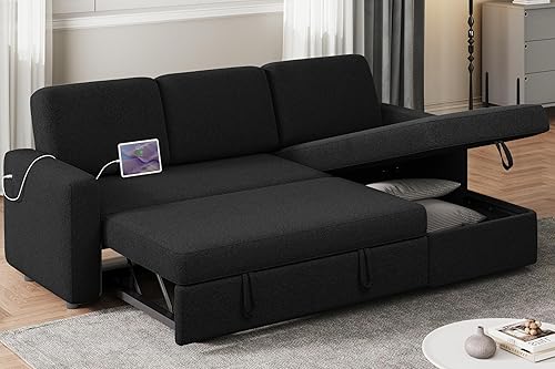 Miniatura 19 de Yaheetech Sofá modular en forma de L con diván y USB, sofá cama reversible con cama extraíble y espacio de almacenamiento, sofá convertible de tela