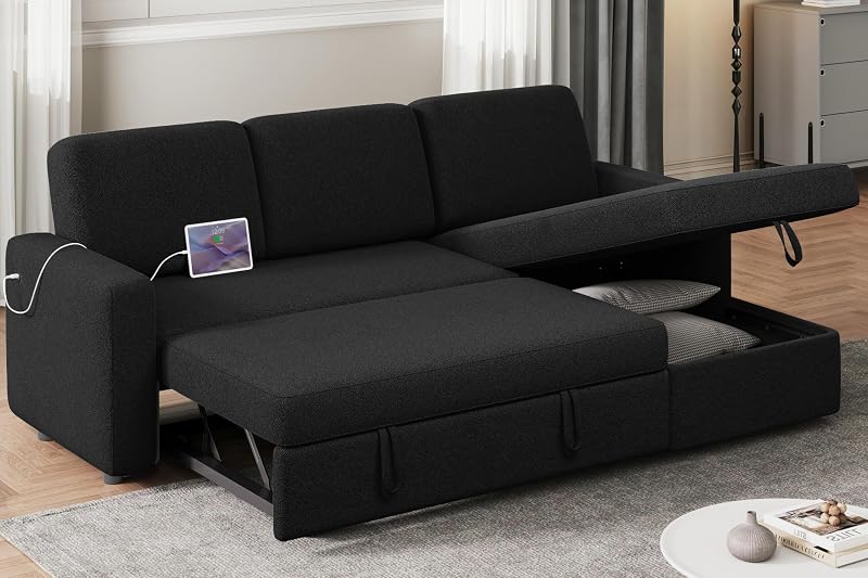 Yaheetech L Shaped Pull Out Sectional Sofa Bed with Storage, Black