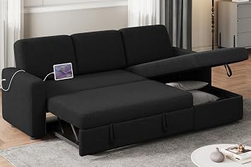 Yaheetech L Shaped Pull Out Sectional Sofa Bed with Storage, Black