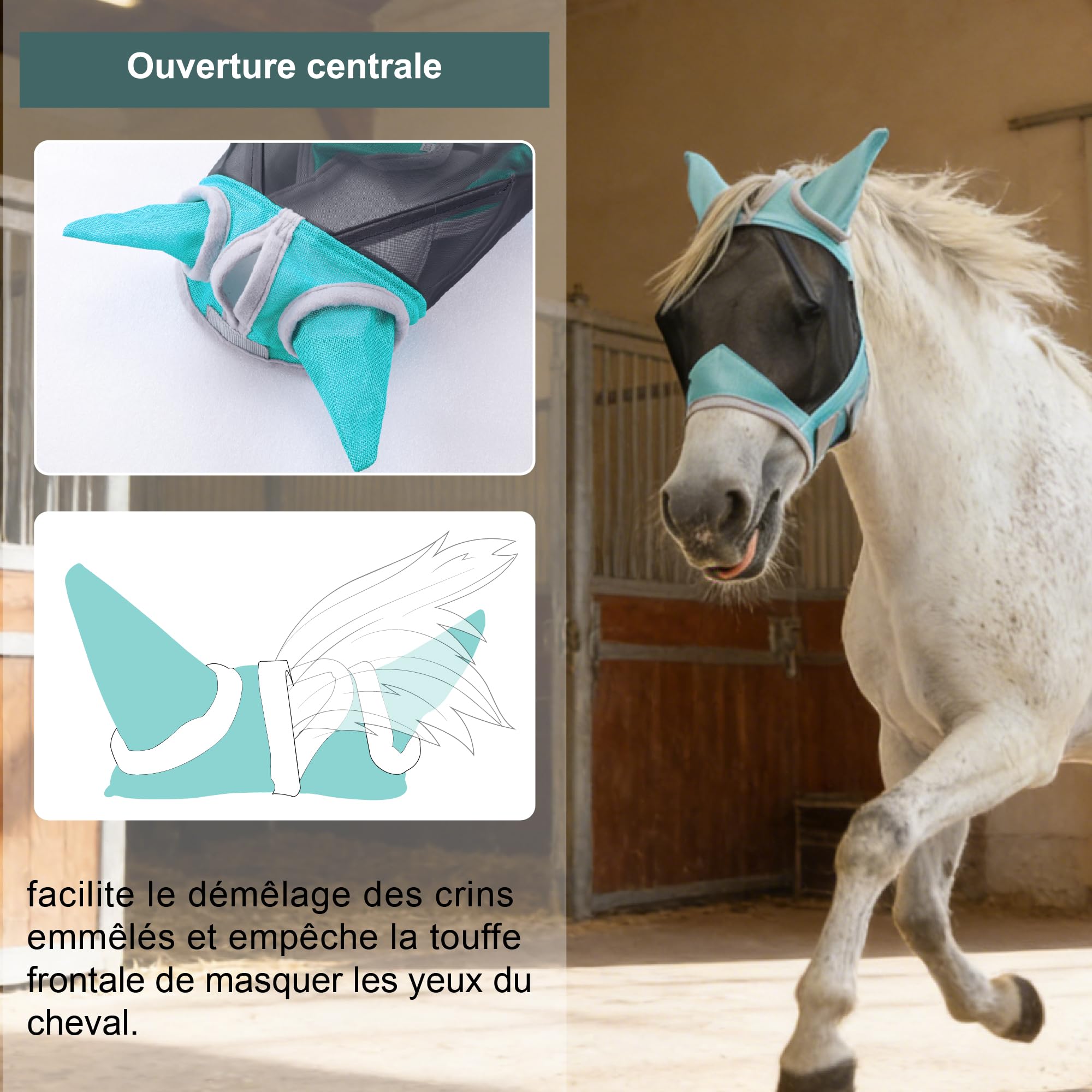 Maschera antimosche cavallo con protezione orecchie, verde M | Protezione UV, maglia traspirante, ampio spazio per gli occhi, foro per il toupet, senza sfregamento