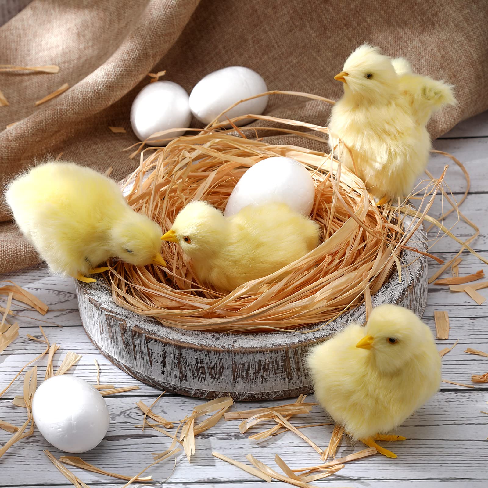 Photo 1 of 9 Pcs Spring Easter Chicken Decoration Set 4 Pcs Realistic Plush Little Chick Figurine Fluffy Chicks 4 Pcs Craft Foam Egg 1 Bag Yellow Easter Grass for Photography DIY Crafting Easter Hunt Party