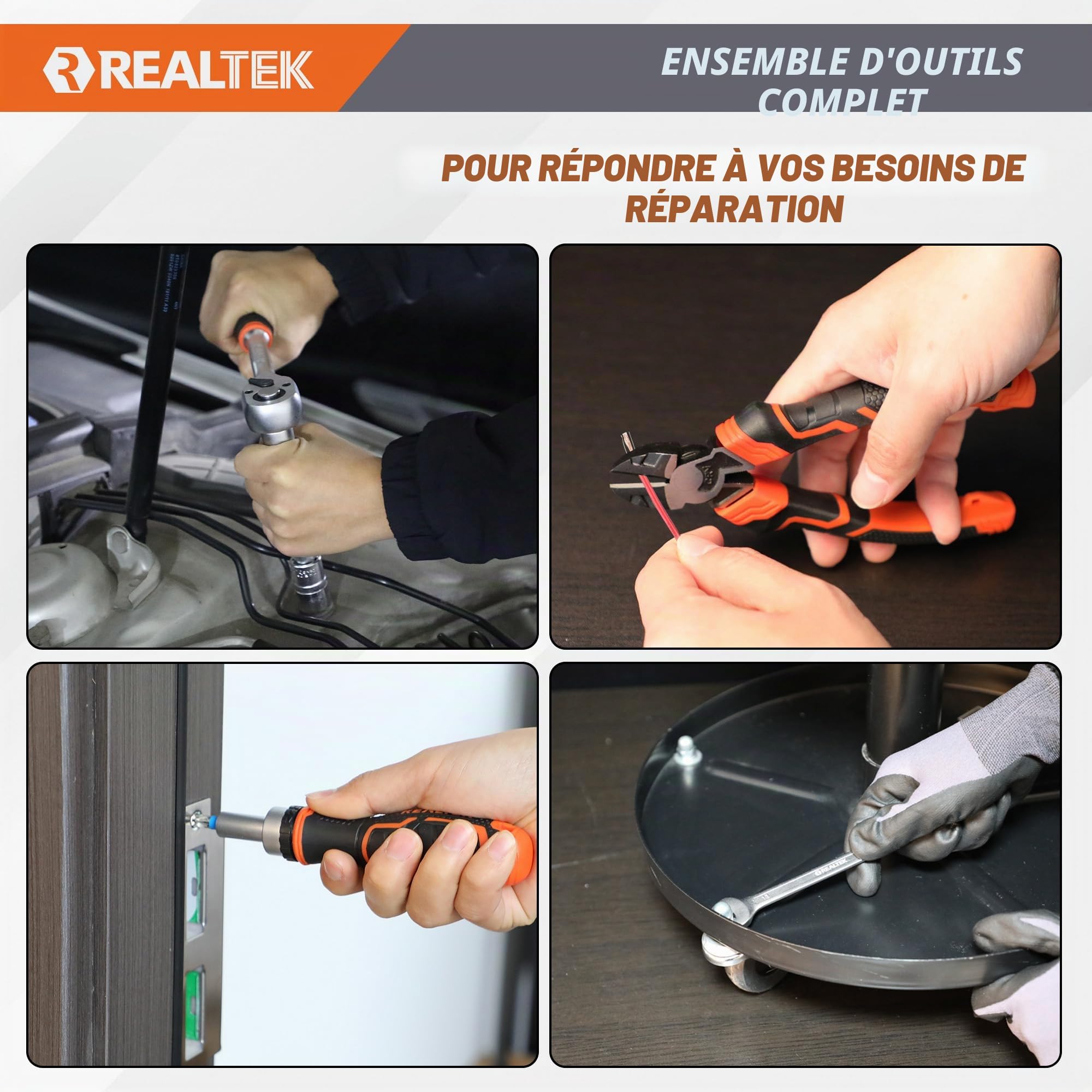 REALTEK Malette Outils, Caisse à Outils Complete 123 pièces, Boite a Outils | Portables, pour la Maison Avec Ensemble de Clés à Douille, Set tournevis, marteau, clés de serrage, et autres accessoires