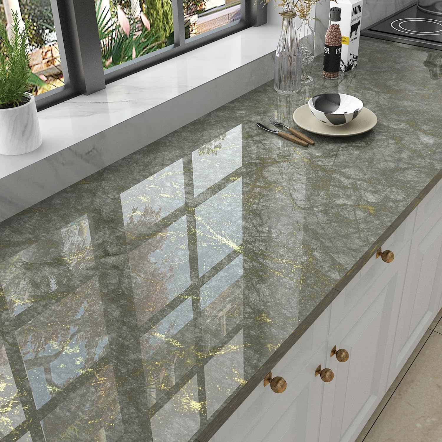 Stickyart Countertop Contact Paper Dark Green Waterproof Marble Peel and Stick Wallpaper Self Adhesive Granite Wall Paper Marble Vinyl Wrap for Countertops Bathroom Kitchen Counter Drawers 24"x160"