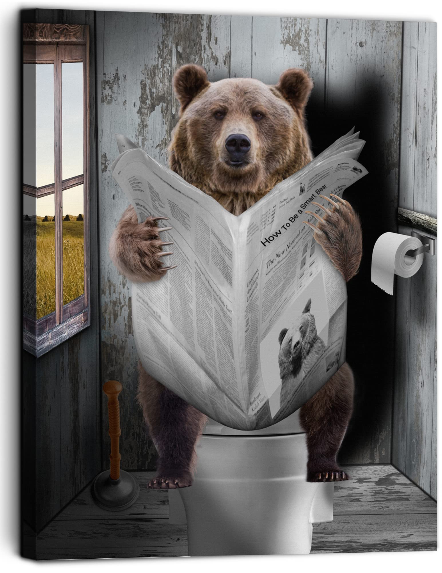 Vantboo Brown Bear Reading Newspaper In Toilet Canvas Prints Wall Art Paintings Home Decor Artworks Pictures For Living Room Bedroom Bathroom Decoration Ready To Hang 16x20 Inches