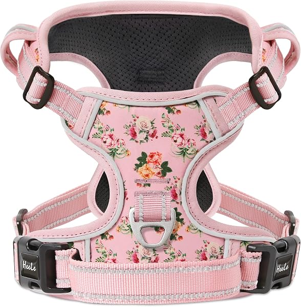 HEELE Harnais Chien, Harnais Chien Anti Traction, Réfléchissant, avec Poignée Rembourrée Contrôl, 2 Anneaux Métal, Harnais pour Petit Moyen et Grand Chien, Fleur-Rose, XS - 1