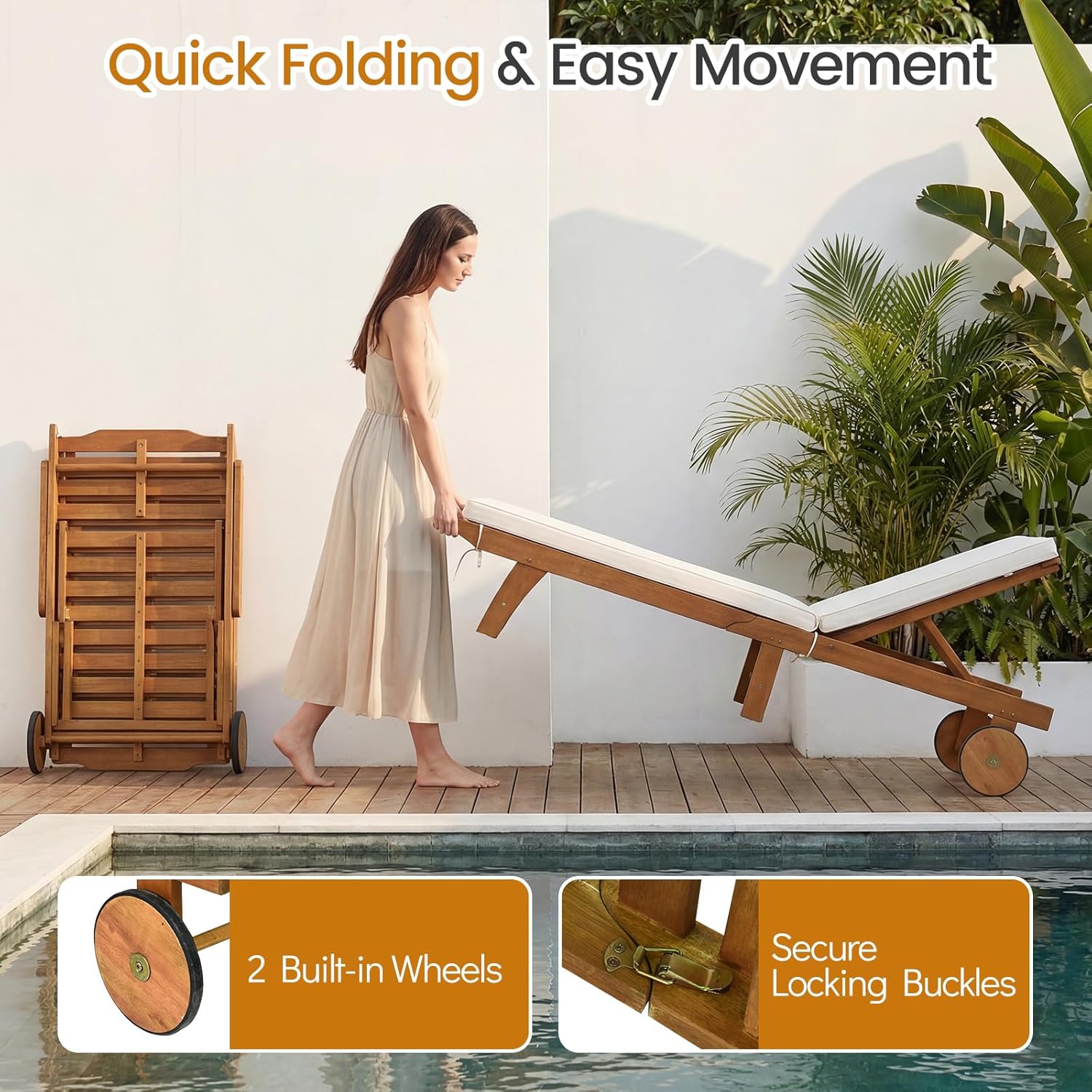 Tangkula Folding Lounge Chair Outdoor, Patio Eucalyptus Wood Chaise Lounge with 5-Level Adjustable Backrest & Cushions, Portable Beach Pool Sunbathing Recliner with Wheels for Outside (1,Off White)