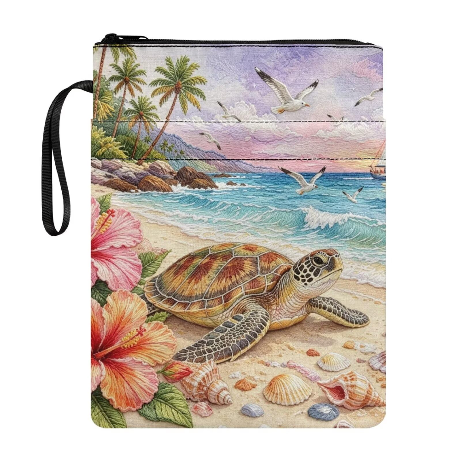 Poceacles Book Sleeve Book Covers for Paperbacks Textbook Hardcover Pouch Protector with Zipper Washable Fabric Reading Accessory 11 x 8.5 Inch, Sea Turtle Hibiscus Flower Beach Palm Tree