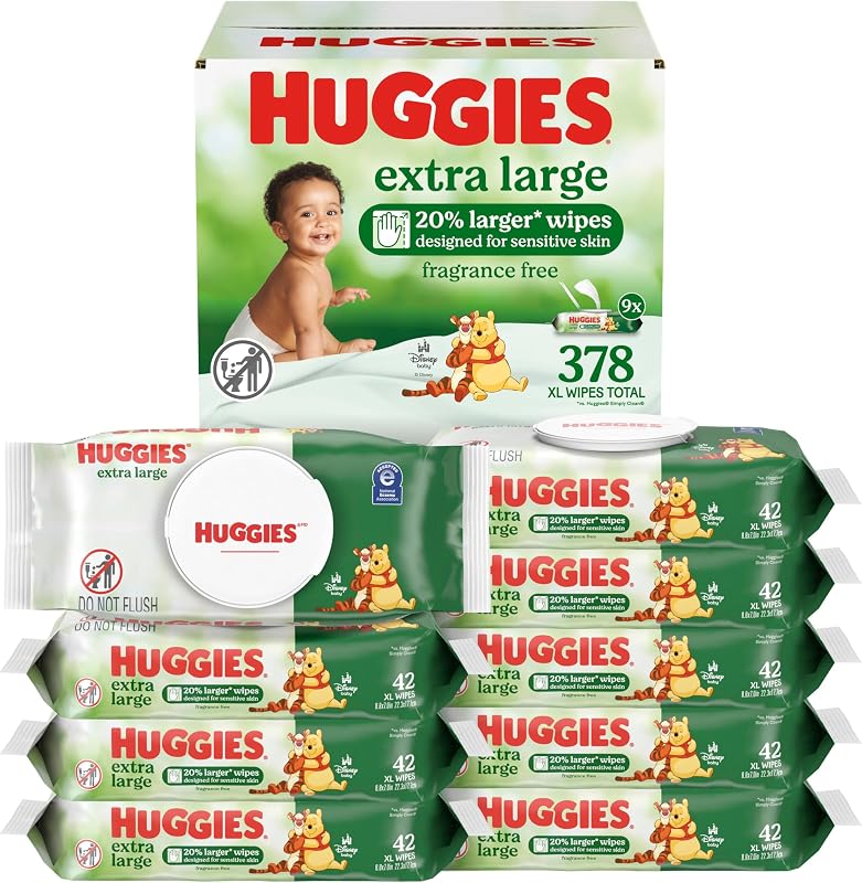 Extra Large Baby Wipes, Unscented, 9 Packs, 378 Wipes
