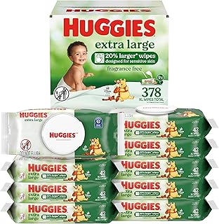 Huggies Extra Large Baby Wipes, Unscented, 9 Flip-Top Packs, 378 XL Wipes Total, Packaging May Vary