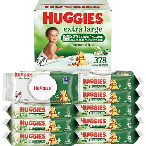 Huggies Extra Large Baby Wipes, Unscented, 9 Flip-Top Packs, 378 XL Wipes Total, Packaging May Vary