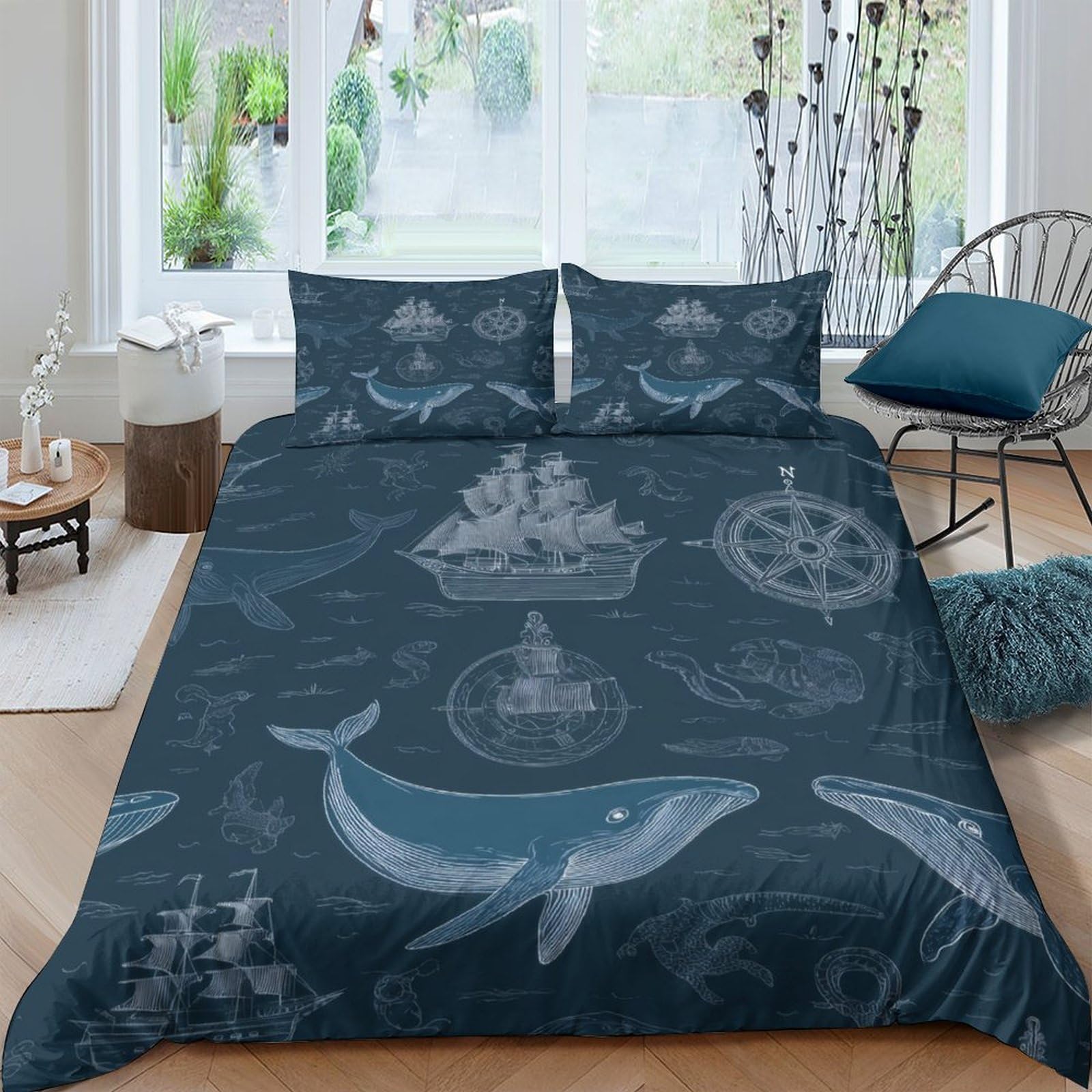 Ctjqhvkz Style-2 3D Printed Ocean Whale Fitted Sheet Microfiber Soft Nautical Ship Bed Cover For Bedroom Guest Room Mattress Decor Single（135X200cm）