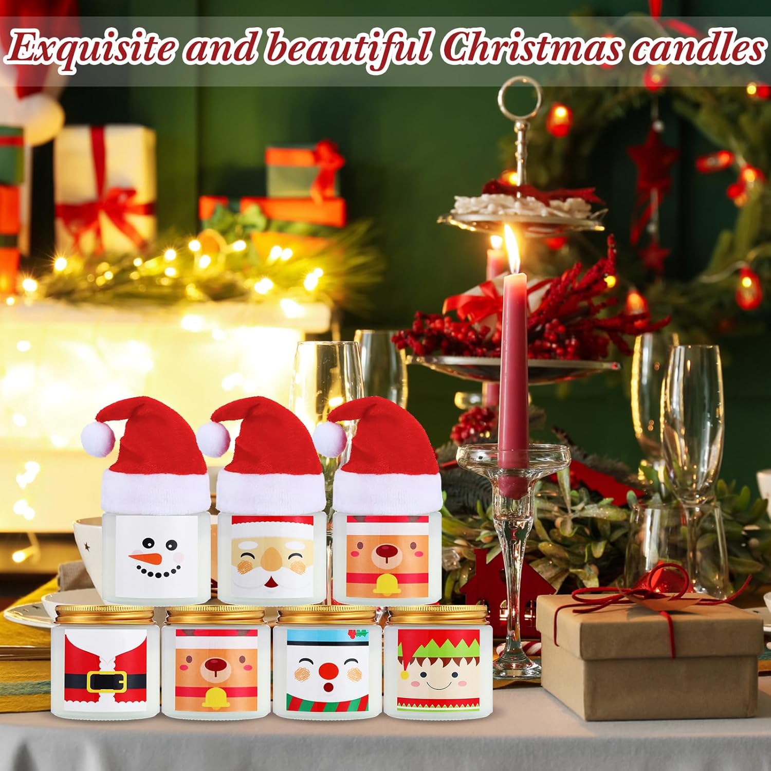 24 Pack Christmas Scented Candles Jar Set Include 12 Pcs 7oz Soy Wax Aromatherapy Candles and 12 Pcs Mini Santa Hat Holiday Party Favor Gift Bulk for Women Men Adult Coworker