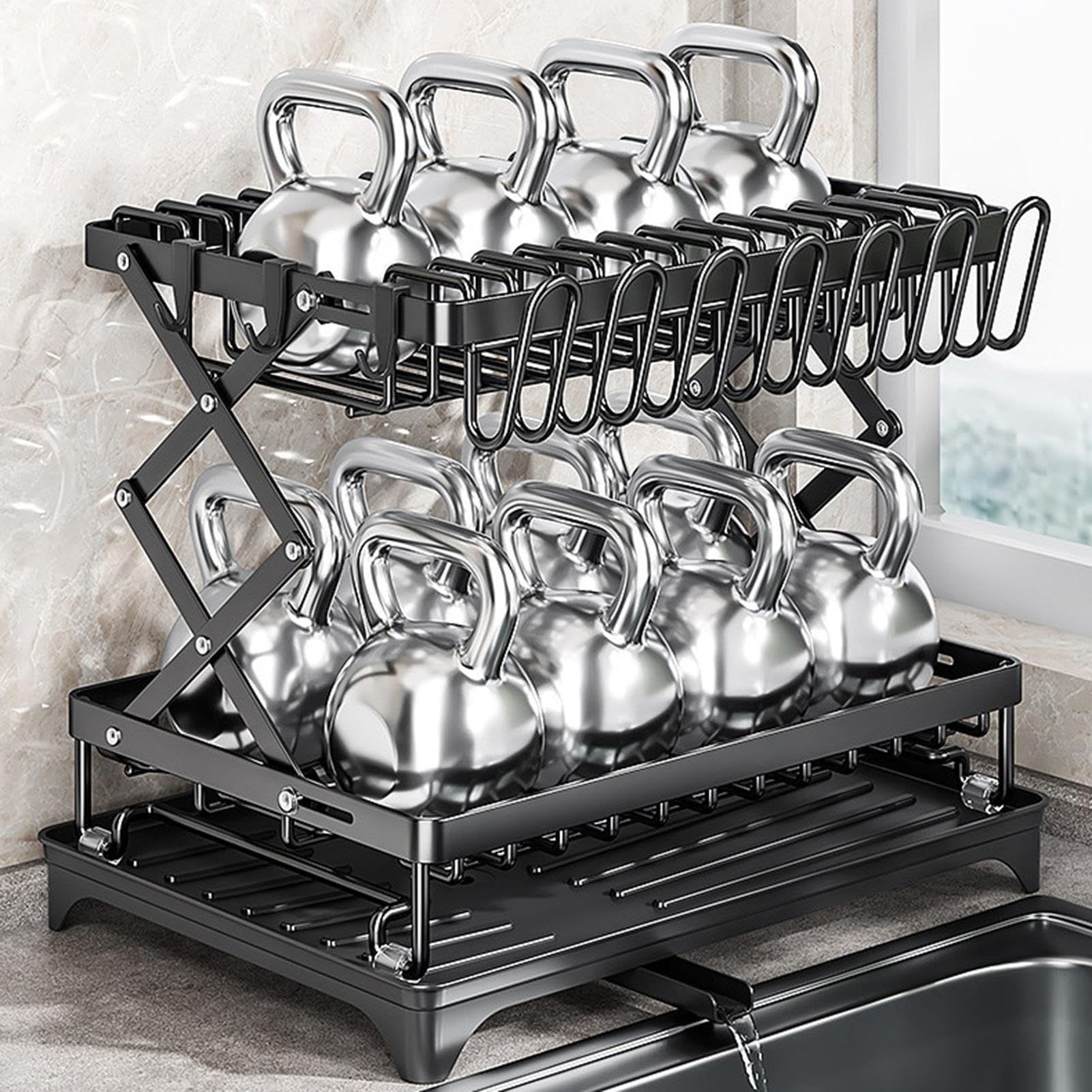 Escurridor de Platos 2 Niveles Con Bandeja Drenante Y Gran Capacidad | De Cocina Apto para Hogar y Restaurante: Cuencos, Sartenes, Tenedores, Tablas De Cortar y Tazas