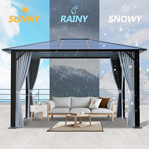 Miniatura 2 de GARTOO Gazebo de policarbonato para patio de 10 x 12 pies, glorieta de techo individual para exteriores con marco de acero, glorieta para patio