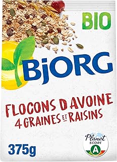 BJORG - Flocons d'Avoine Bio 4 Graines et Raisin - Céréales Complètes - Sans Sucres Ajoutés - 375 g