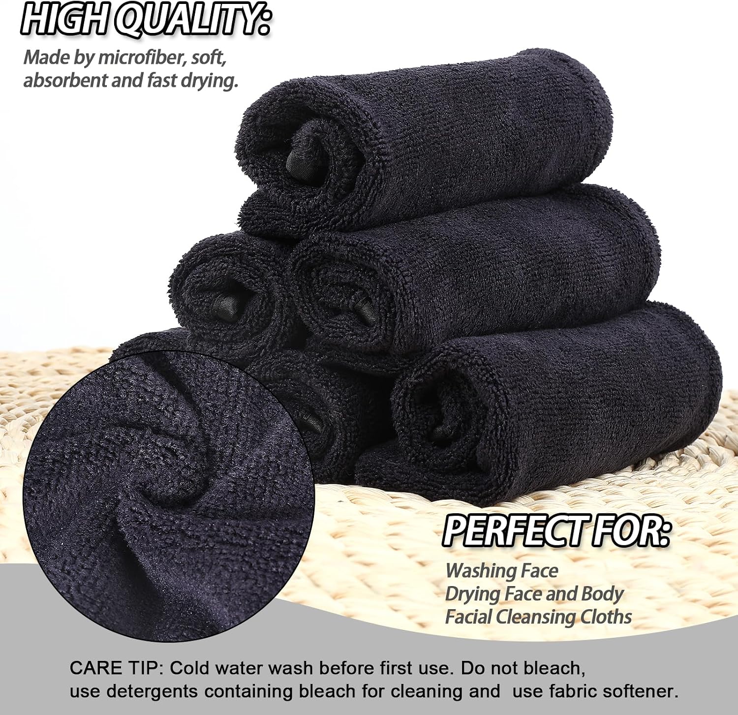 PHOGARY 6 Pack Microfiber Body Wash Mitts Shower Gloves, Reusable Makeup Remover Mitt, Soft Face Towel Mitts Facial Cleansing Bath Wash Cloth, Spa Glove, 14×20 cm, Black