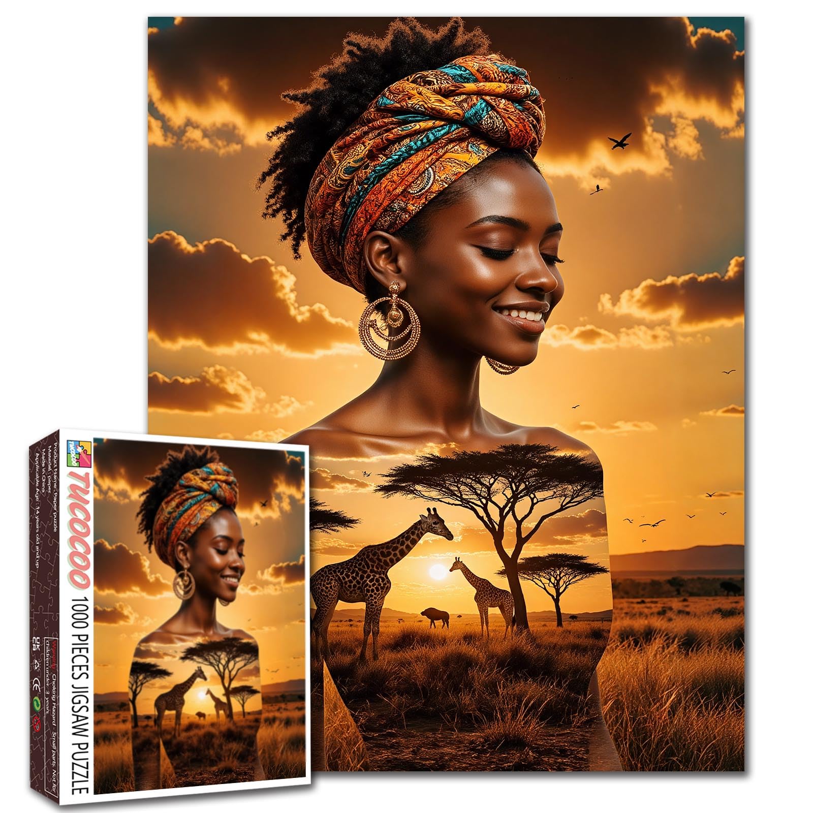African Woman Puzzle Safari Giraffe Jigsaw 1000 Pieces for Adults Wildlife Puzzles Sunset Landscape Picture Perfect for Families Party Game Gifts — image 1