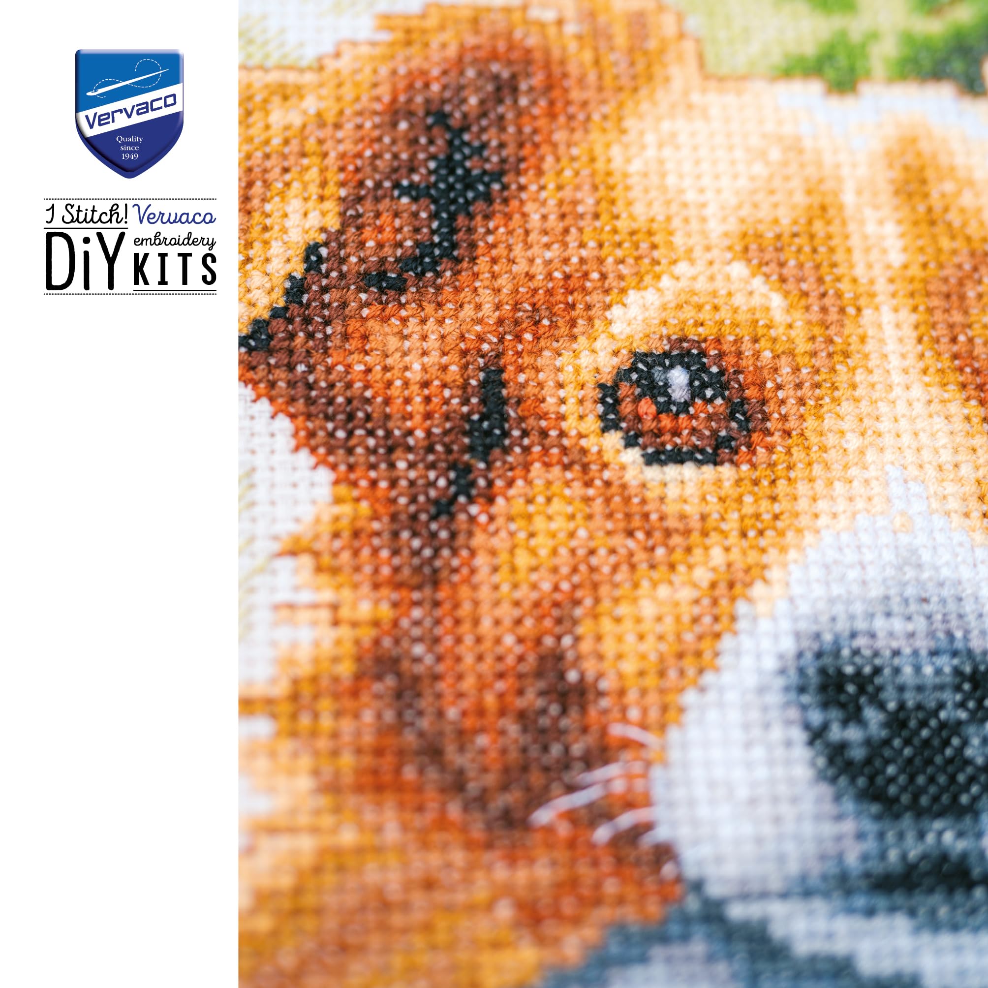 VERVACO Haft Krzyżykowy Liczony Zestaw Obraz do Haftu PIES W JESIENI Zrób to Sam Zestaw Kreatywny dla Dorosłych ca. 20 x 20 cm Dekoracja Ścienna DIY Cross Stitch Kit