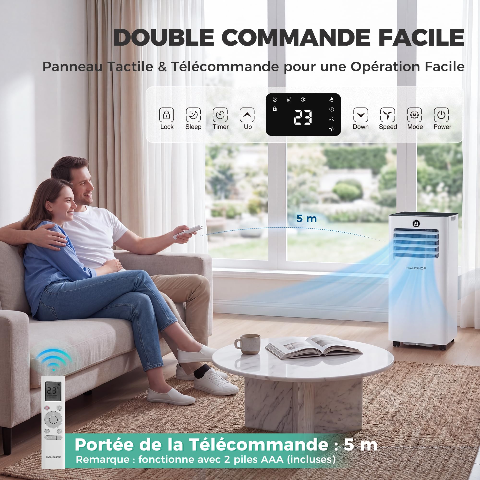 HAUSHOF Climatiseur Mobile 9000 BTU, 4-en-1 avec Tuyau d’Évacuation et Housse d’Isolation Thermique, 330 m³/h, Déshumidificateur 25 L/Jour, Mode Nuit, Télécommande, Kit Fenêtre, Jusqu’à 30 m²