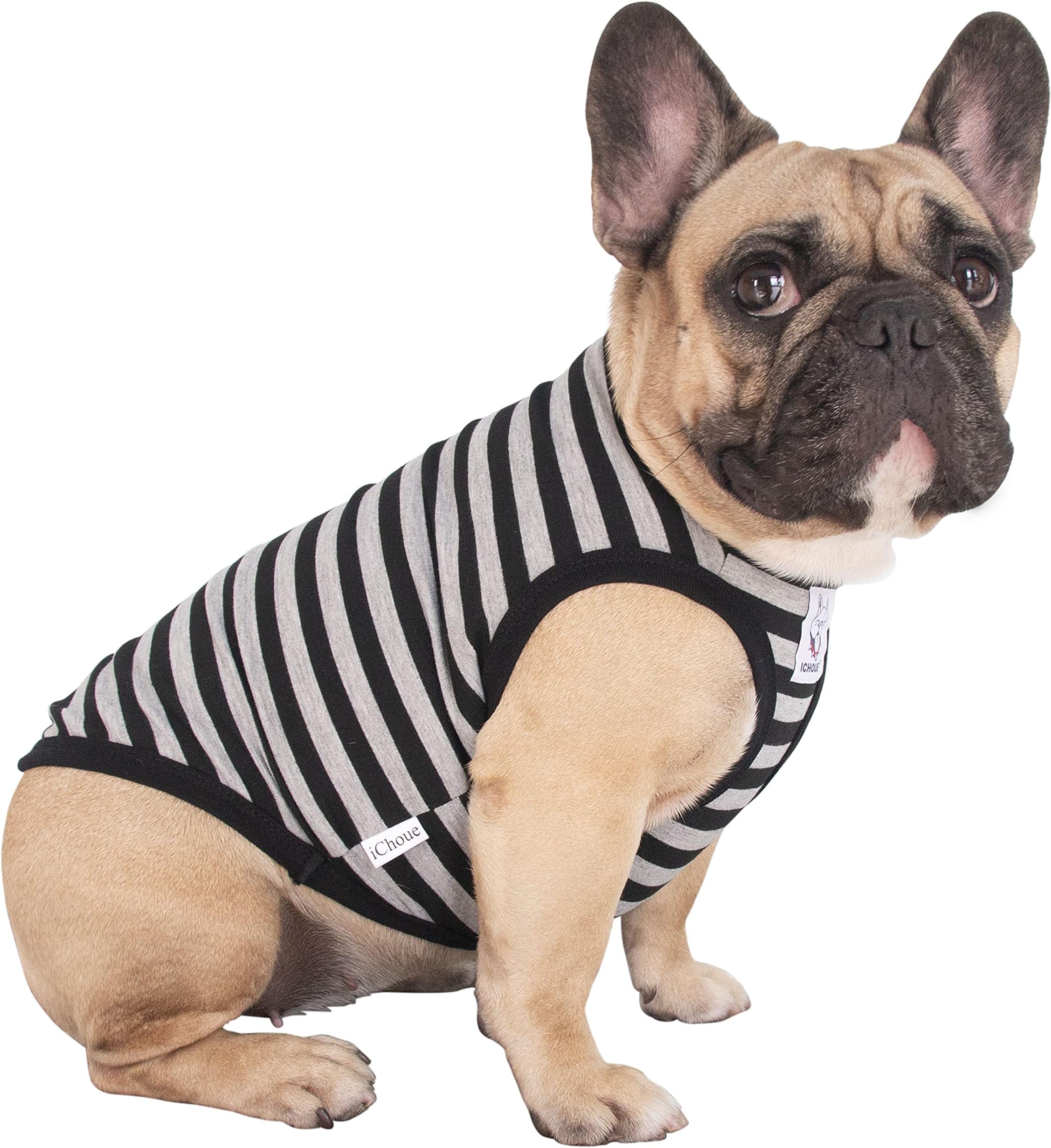 iChoue English Bulldog 100% Breathable Cotton Striped T Shirts Halloween Vest Clothes for Medium Dogs Tank Tops French Frenchie Pug Boston Terrier Pitbull Grey Black Stripes - XLarge