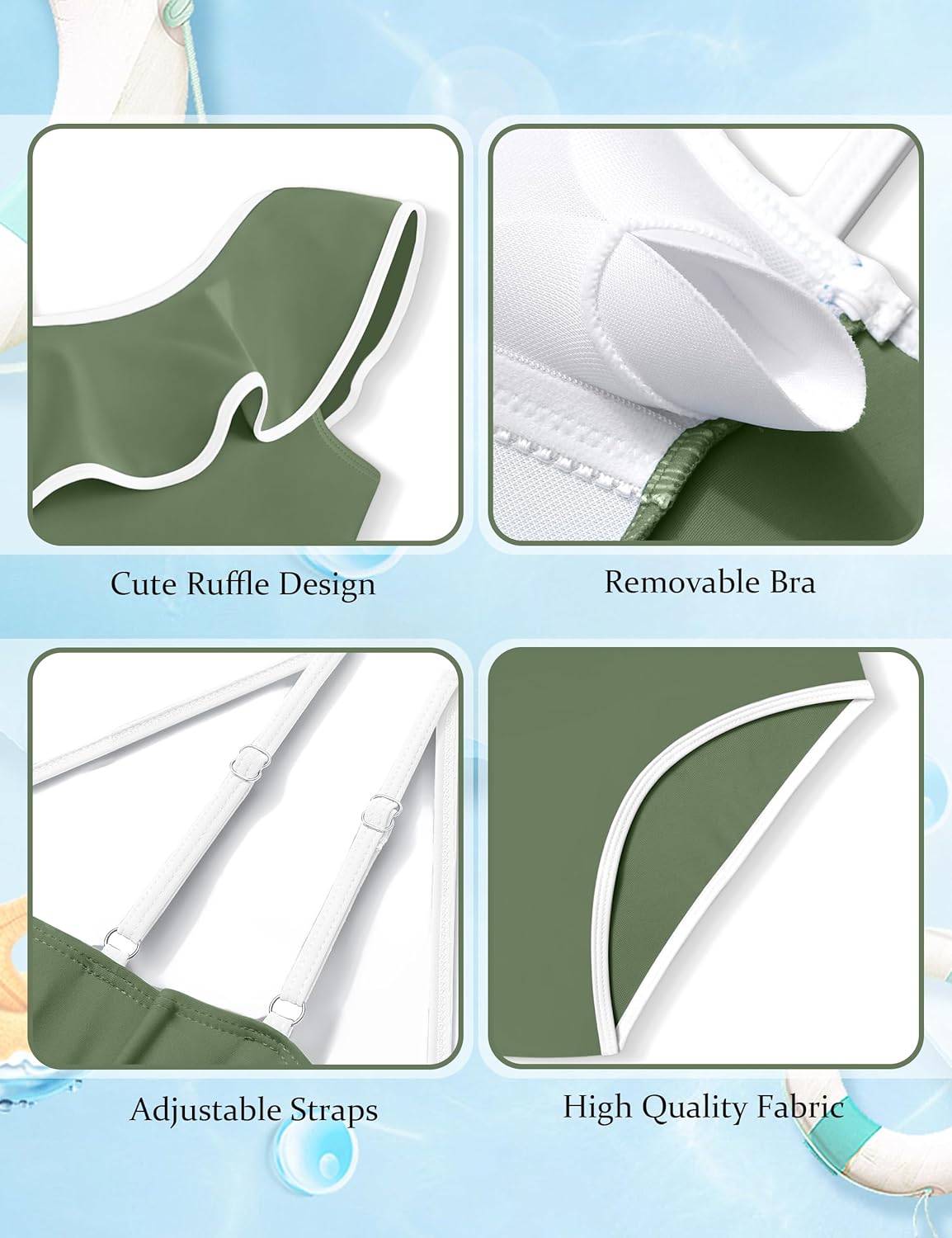 Girls Swimsuit One Piece Swimsuits Ruffle Kids Bathing Suit for Girls Solid Color Adjustable Straps Padded Swimwear - Image 5