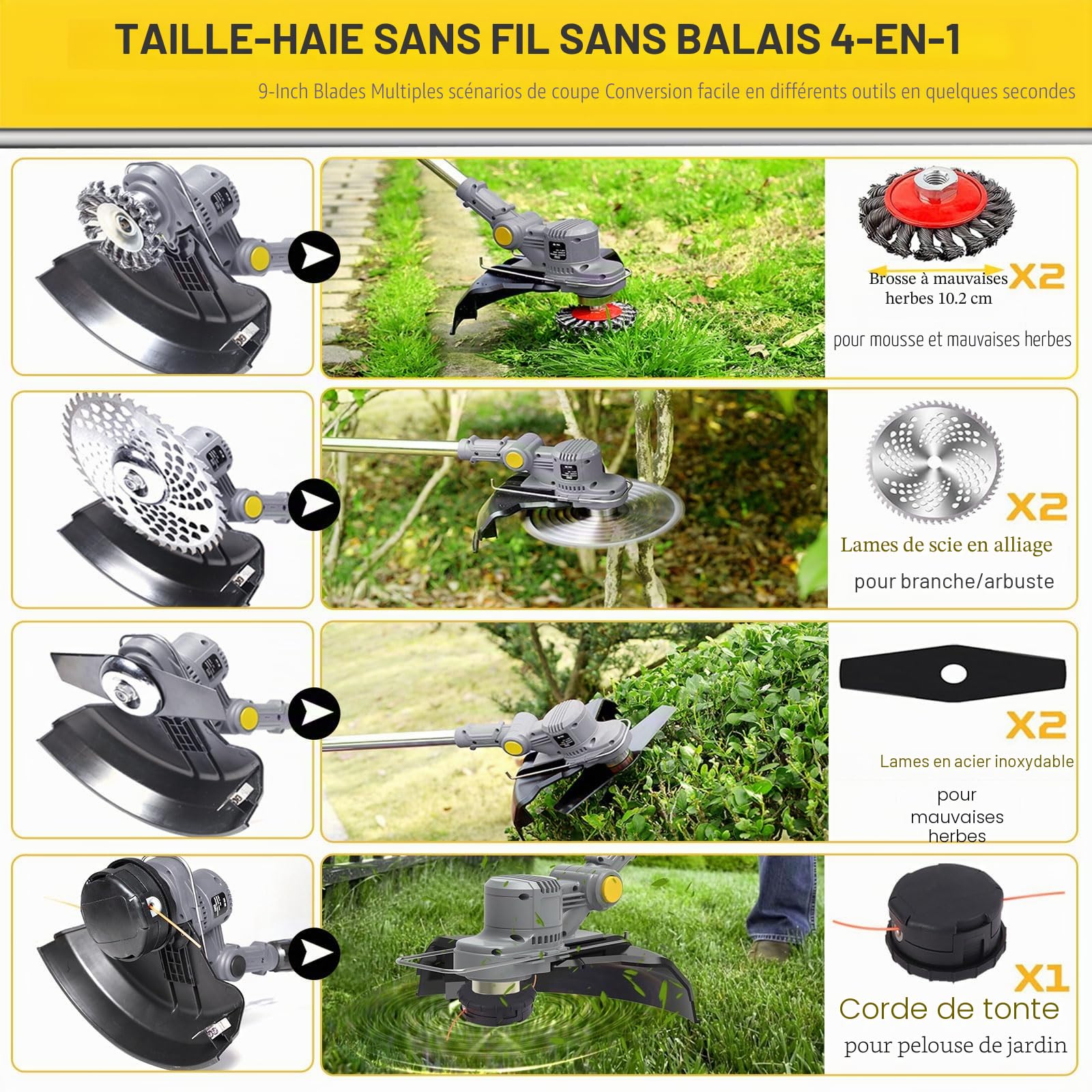 Débroussailleuse sans fil avec brosse à mauvaises herbes 21 V avec 2 batteries de 4,0 Ah et chargeur électrique sans balais 4 en 1 pour débroussailleuse télescopique réglable Gris