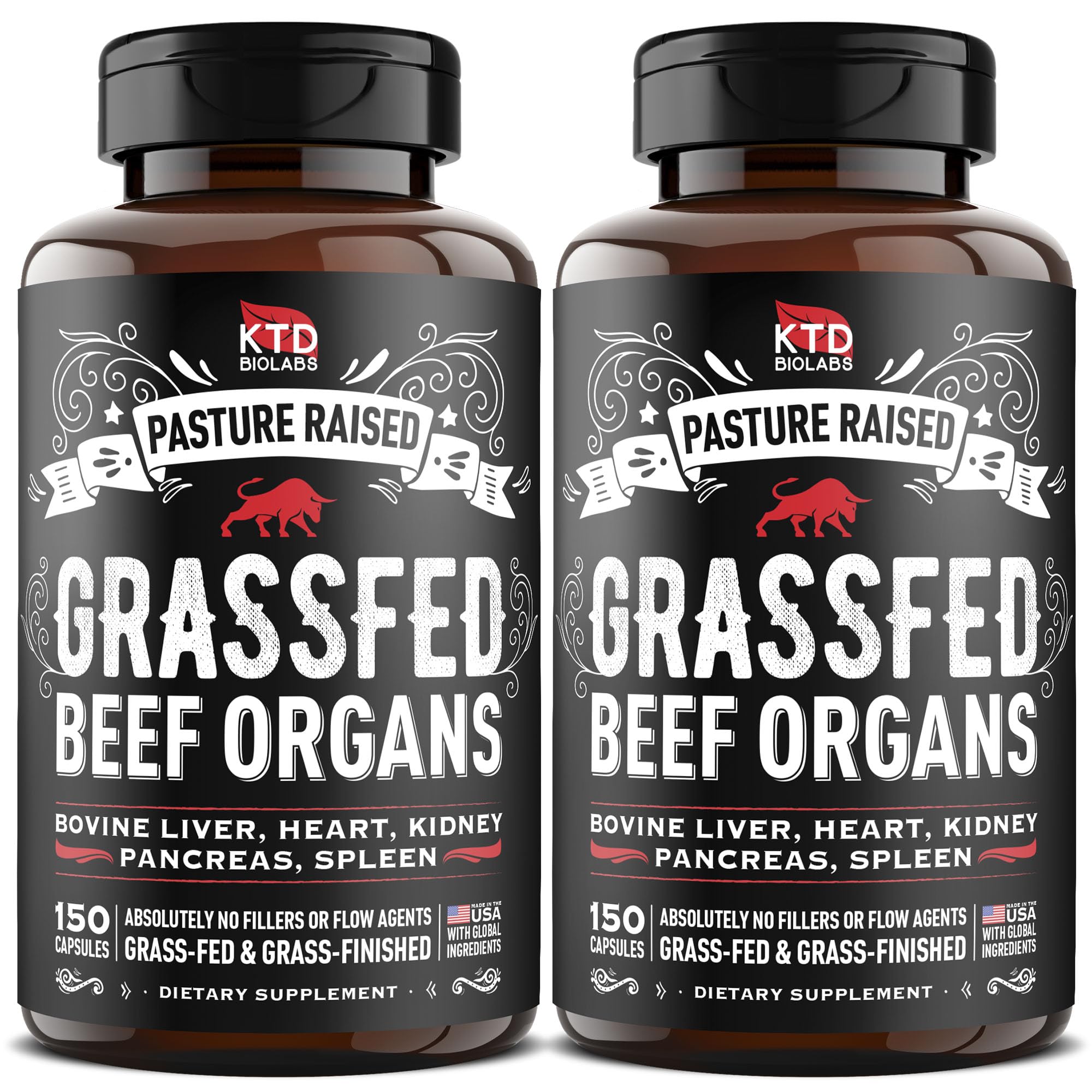 (Pack of 2) Grass Fed Beef Organ Supplement - Supports Whole Body Wellness 3000mg - with Desiccated Beef Liver, Heart, Kidney, Pancreas, Spleen - Organ Complex for Immune, Digestive Health (150 Caps)