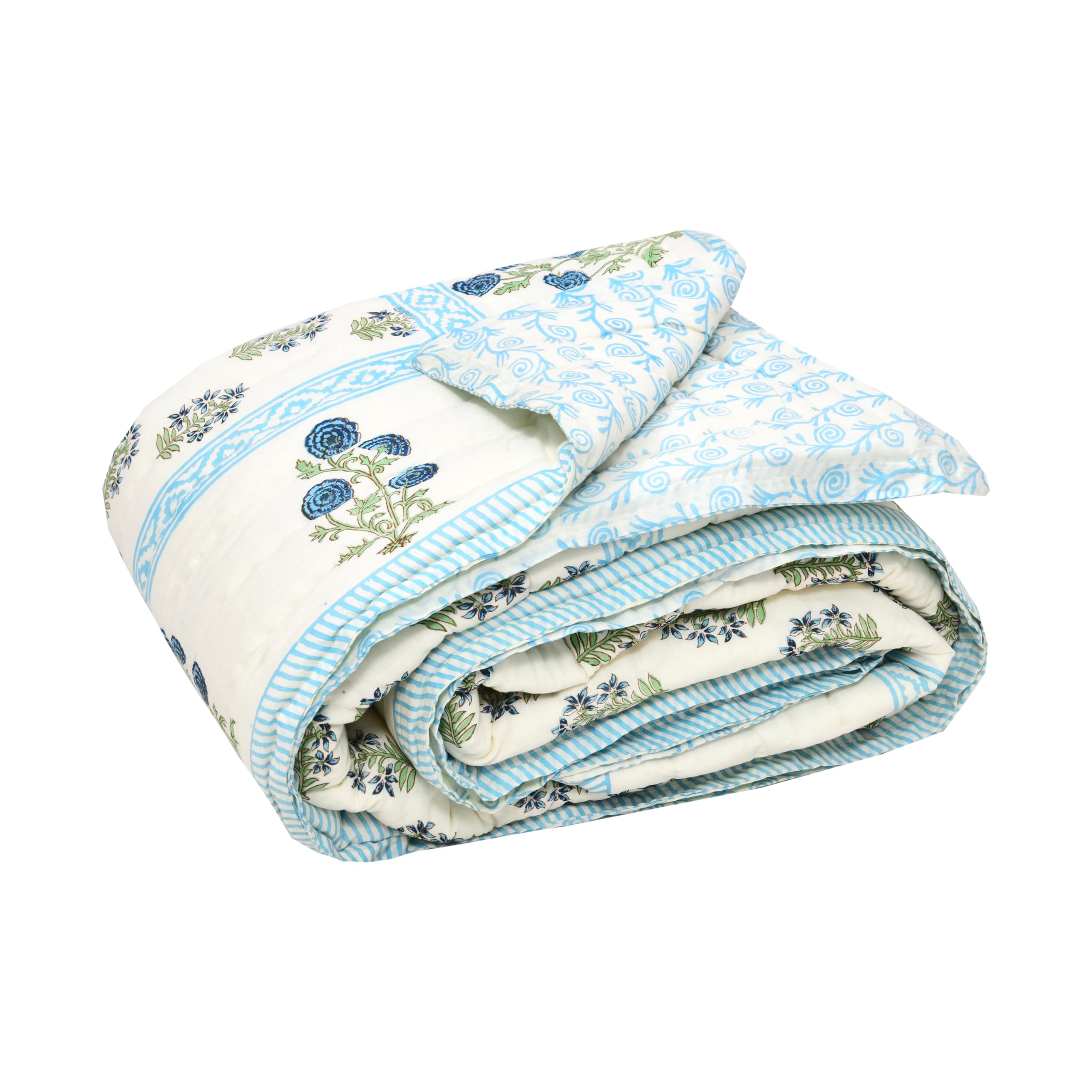 BLOCKS OF INDIA Cotton Medium/Queen Size Quilt Hand Block Print for Light Winters (70 x 100 Inches) (Blue Green Rose)-image-41