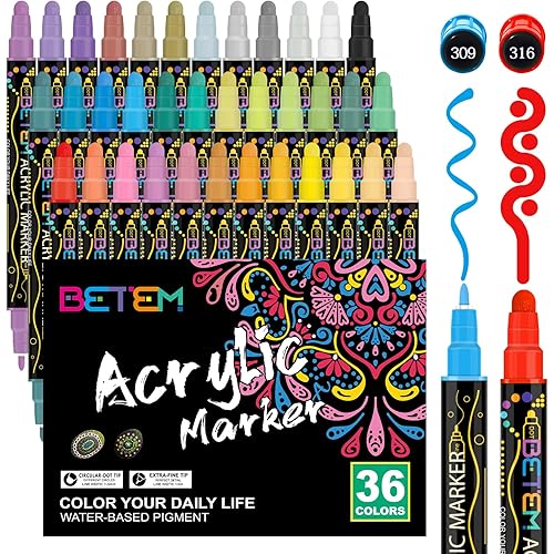 Betem 36 Colors Dual Tip Acrylic Paint Pens Markers, Premium Acrylic Paint Pens for Wood, Canvas, Stone, Rock Painting, Glass, Ceramic Surfaces, DIY Crafts Making Art Supplies
