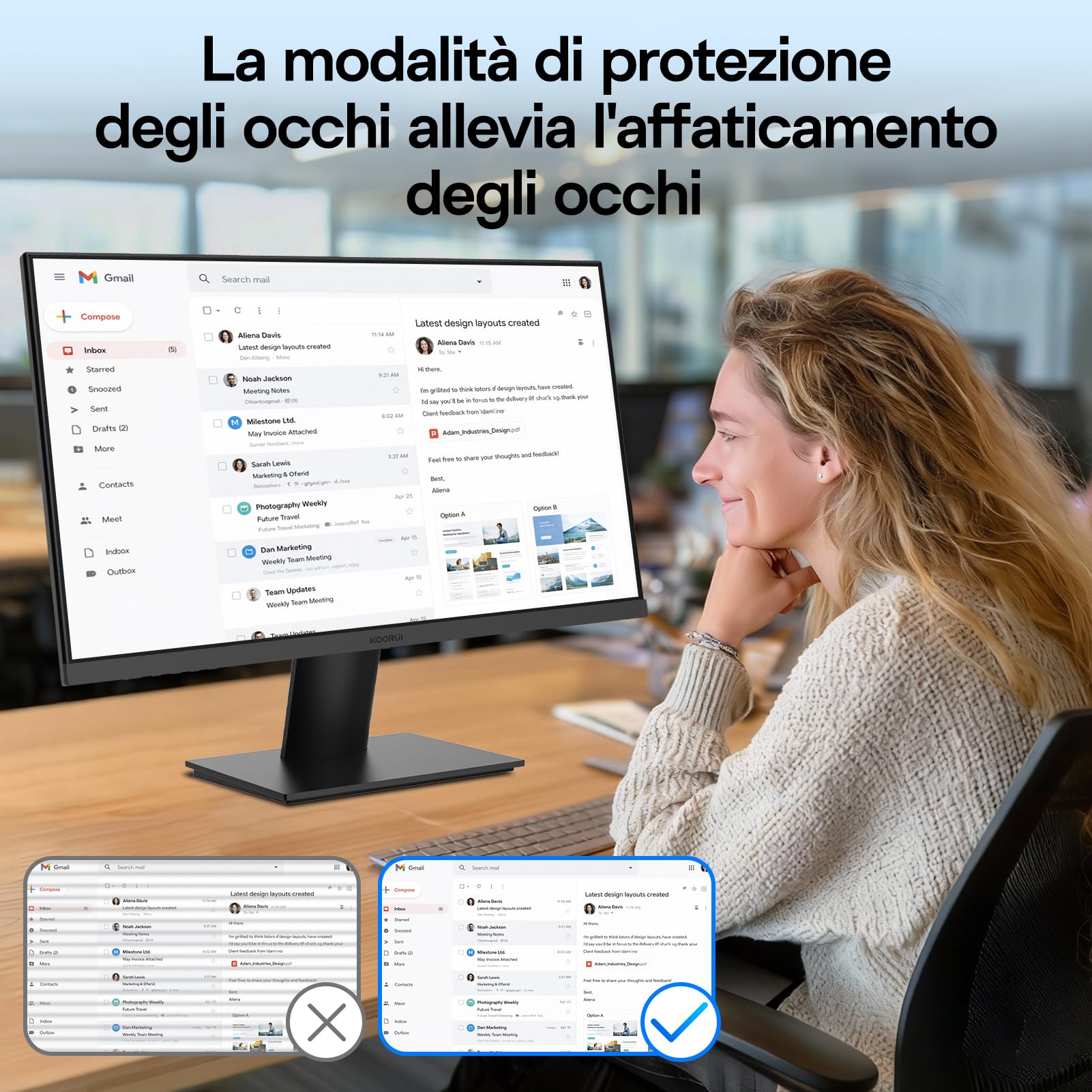 KOORUI Monitor 32 Pollici 4K, UHD 3840×2160, VA, 60Hz, Speaker integrati | 3ms, DCI-P3 95%, HDR10, Adaptive Sync, 2× HDMI 2.0 & DP 1.4, VESA 100×100