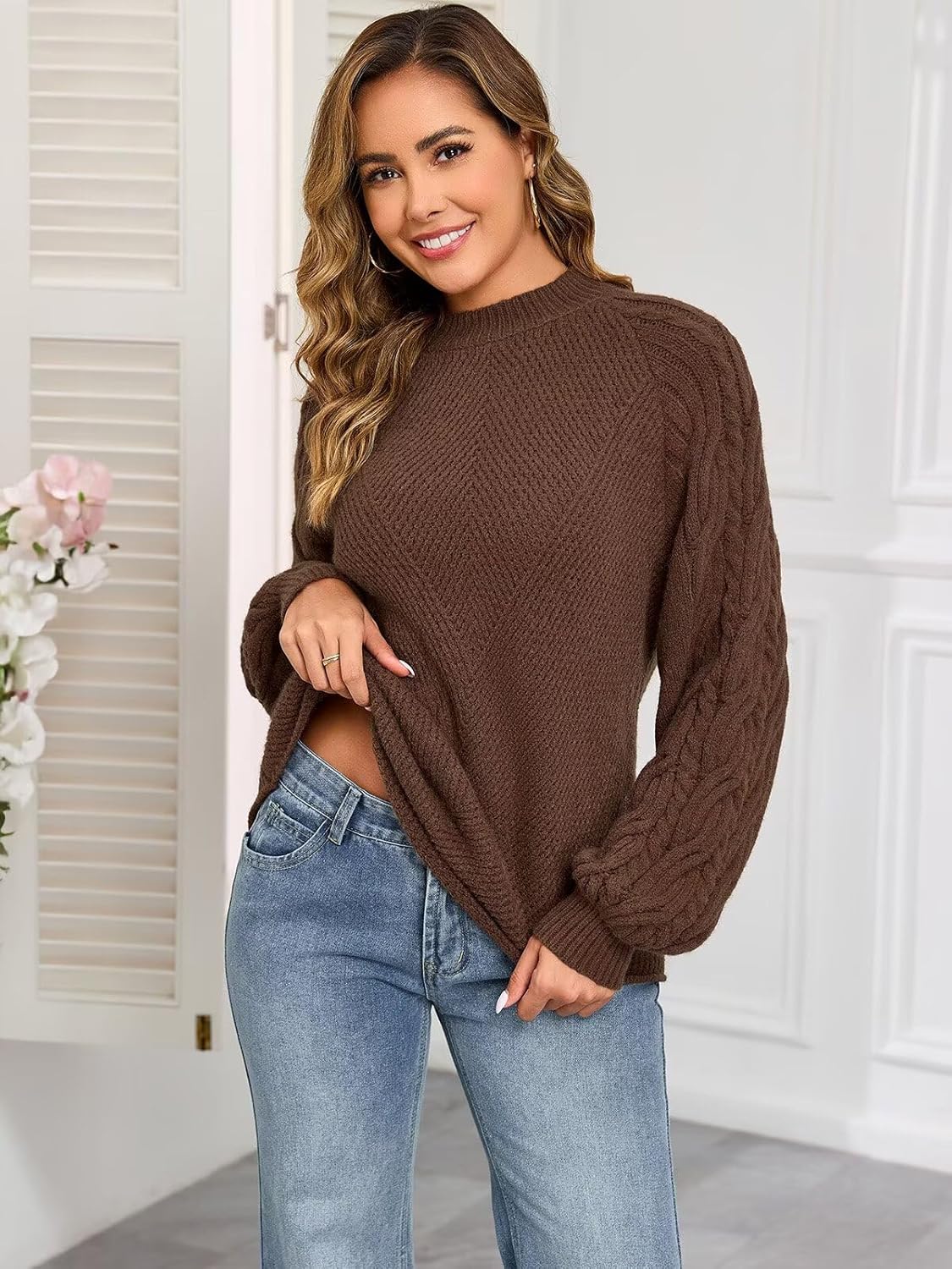 Upopby Women's Fall Winter Cable Knit Sweaters for Women Trendy Lantern Sleeve Chunky Mock Neck Pullover Sweater Tops - Image 3