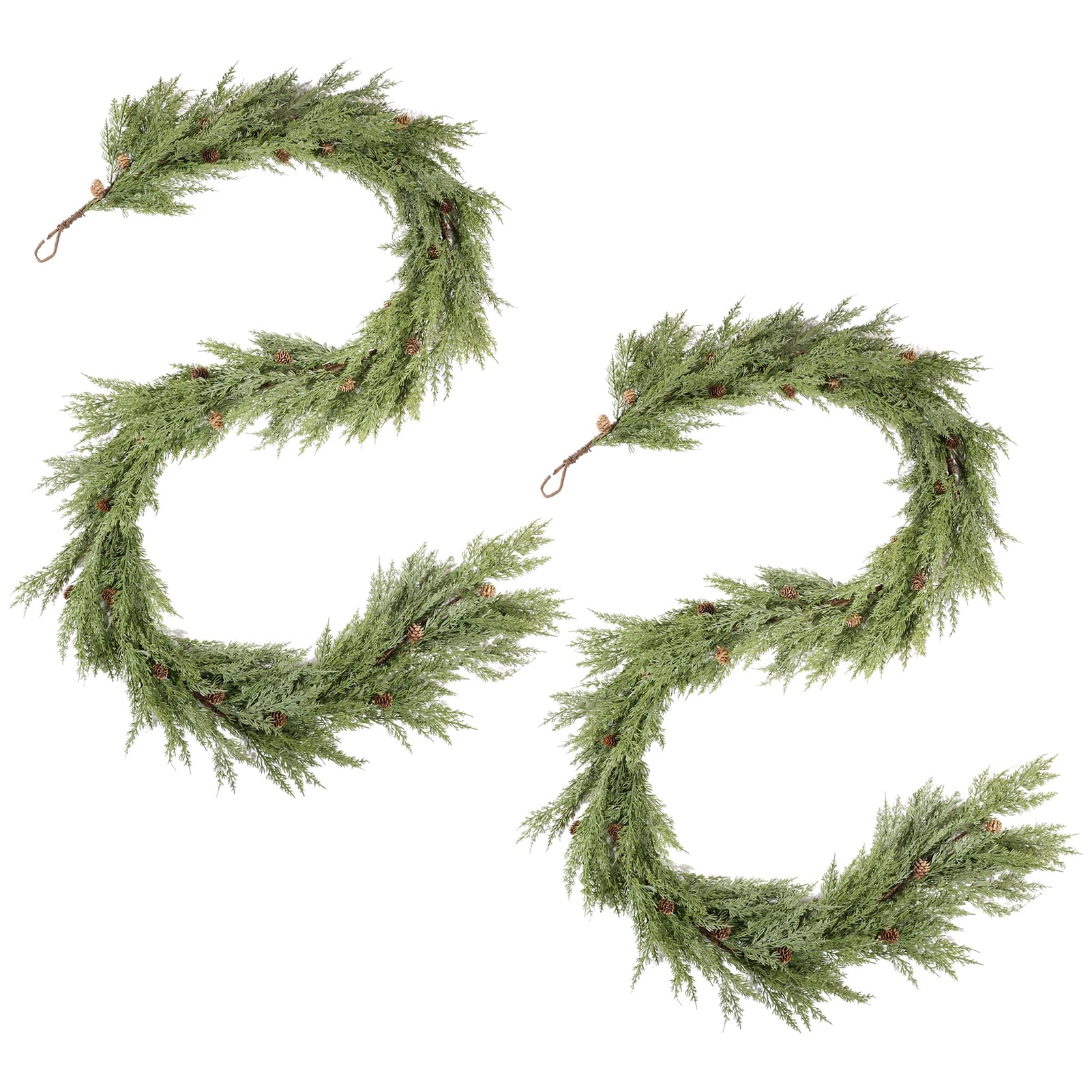 WBHome 2 PCS Real Touch Cypress Cedar & Pine Cone Evergreen Garland for Christmas Holiday Seasonal Outdoor/Indoor Home Decor, 9FT Long