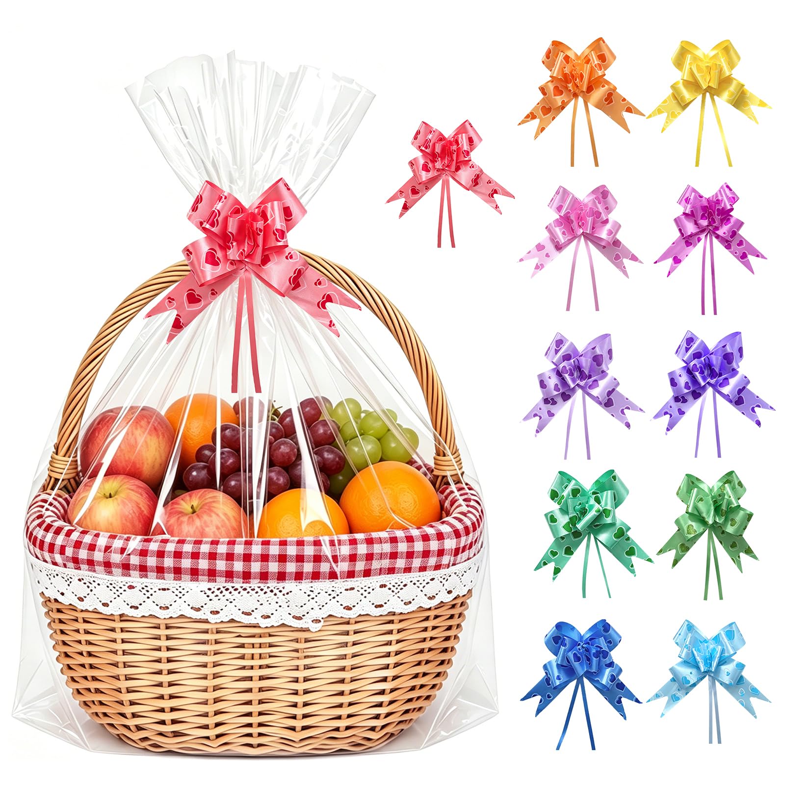 TACHIO 12 PCS Large Cellophane Bags with 12 Pull Bows, 15.8" X 23.6" Clear Reusable Hampers Bags, Ideal for Snacks & Hamper Making & Presents Packaging