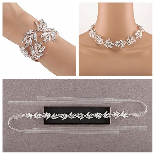 Miniatura 4 de Ayliss Diadema de boda con cristal de hoja para boda, accesorios para el cabello con diamantes de imitación para novias, bodas, vid (plateado)