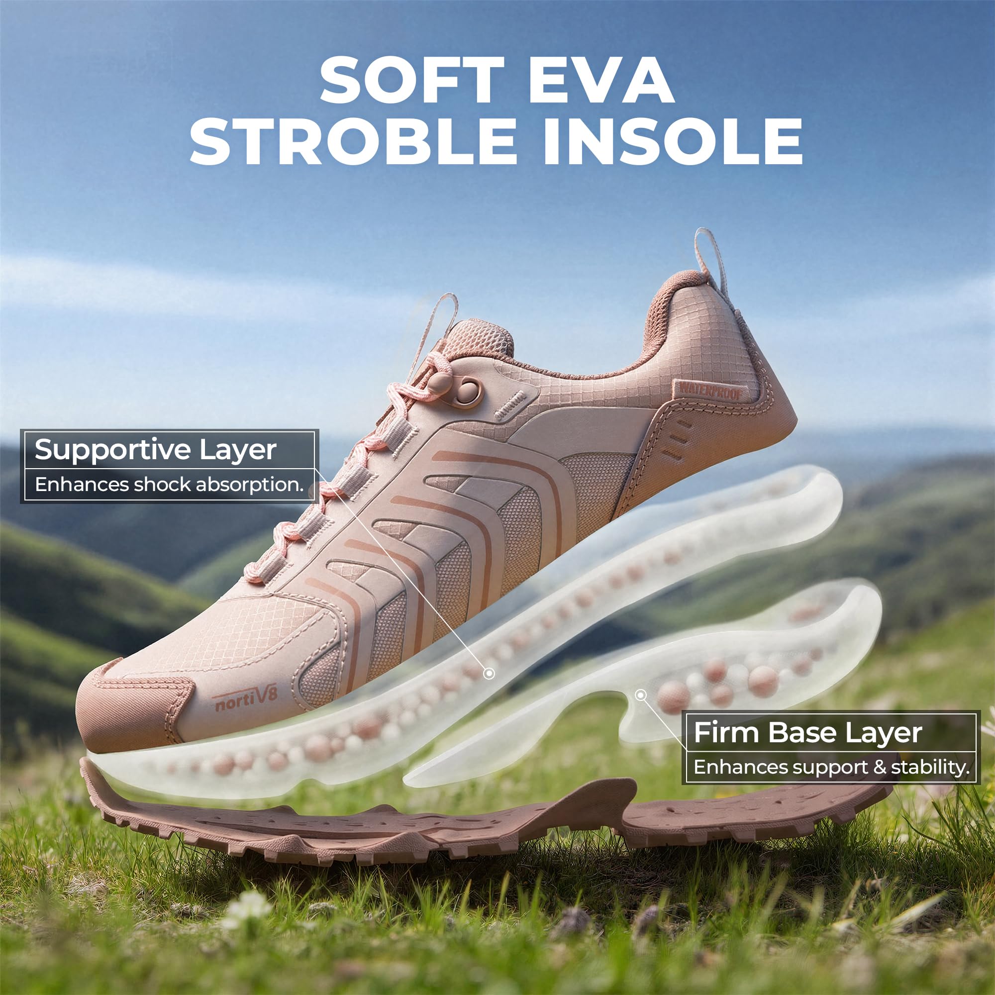 NORTIV 8 Zapatillas de senderismo impermeables para mujer, ligeras, para caminar todo el día, cómodas, antideslizantes, al aire libre, senderismo, camping, escalada, a la moda, Armadillo FieldLite