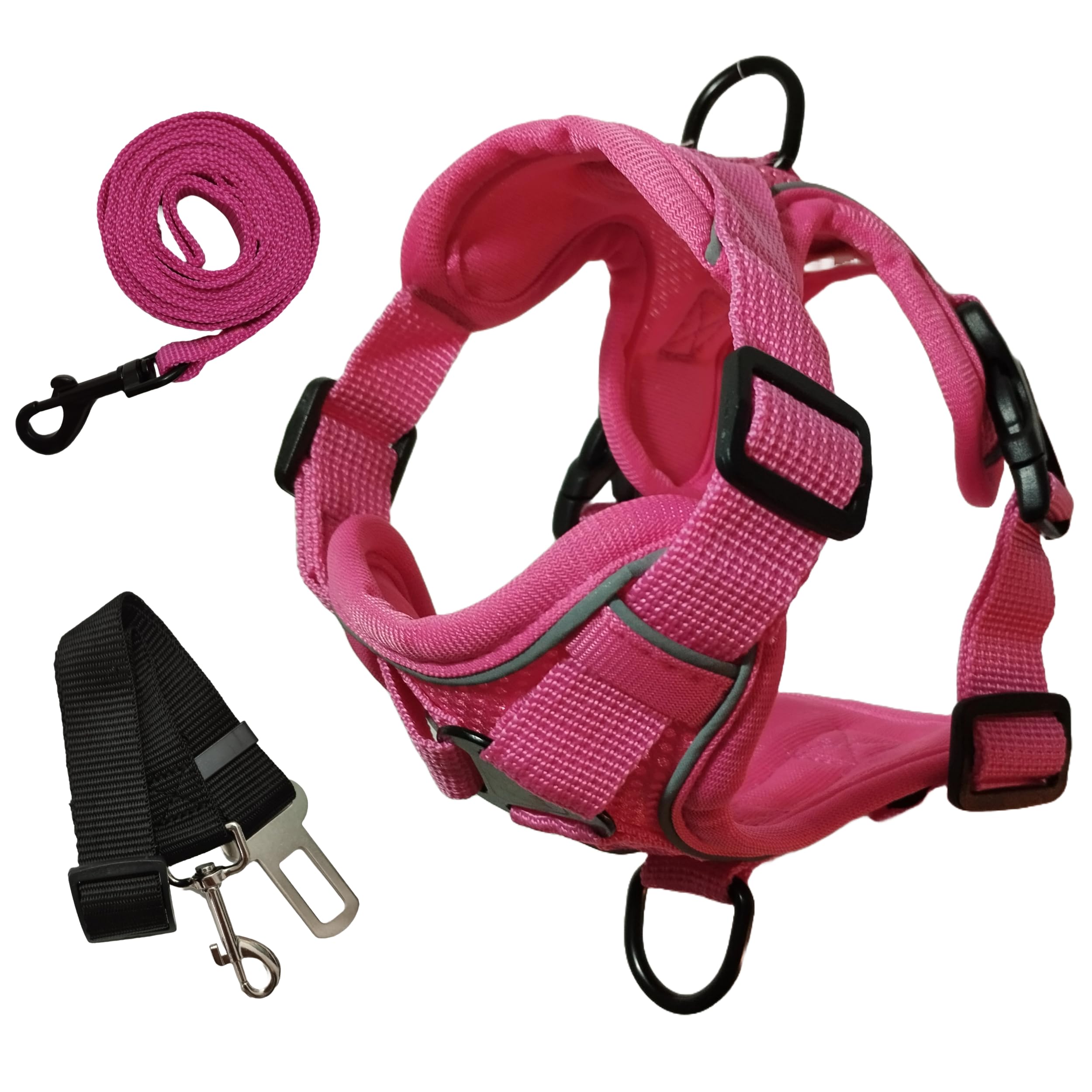 Arnés para Perro con Lineas Reflectantes Antitirones Arnes Perro Pequeño con Correa Y Cinturon De Seguridad para Coche Arnes Cómodo Y Seguro De Alta Visibilidad (Rosado, S)