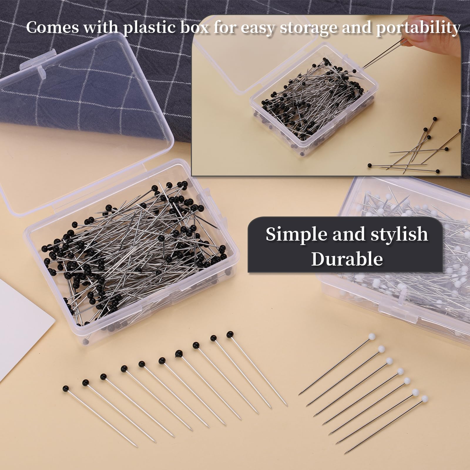 Alfileres de costura, 400 pines rectos para tela, alfileres de acolchado con cabeza de bola perlada en blanco y negro de 1.5 pulgadas, alfileres de costura con caja de plástico para modista,