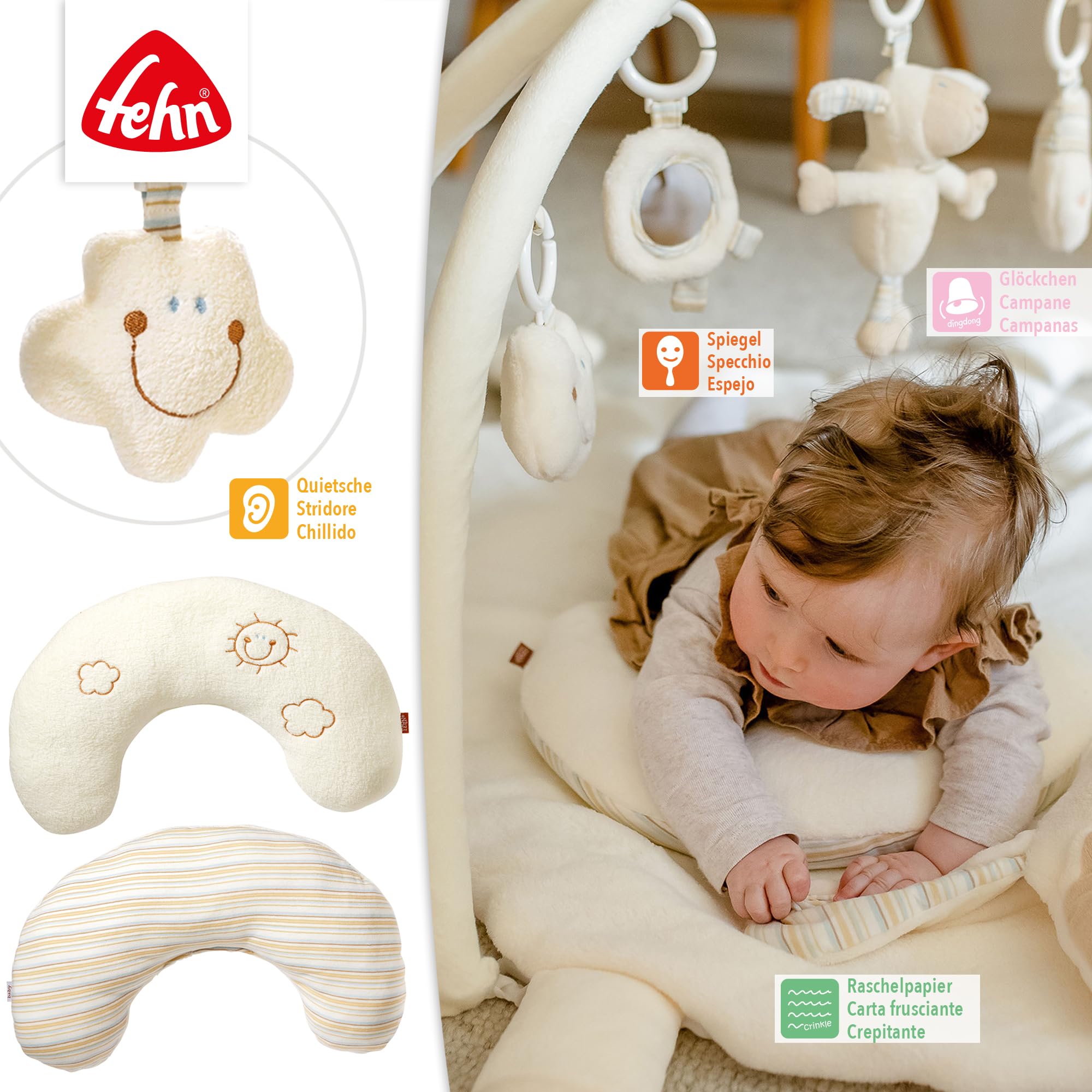 Fehn manta de actividad 3D de oveja - arco de juego con 5 juguetes extraíbles - Juego y diversión tumbados, sentados y gateando, para bebés y niños pequeños a partir de 0 meses