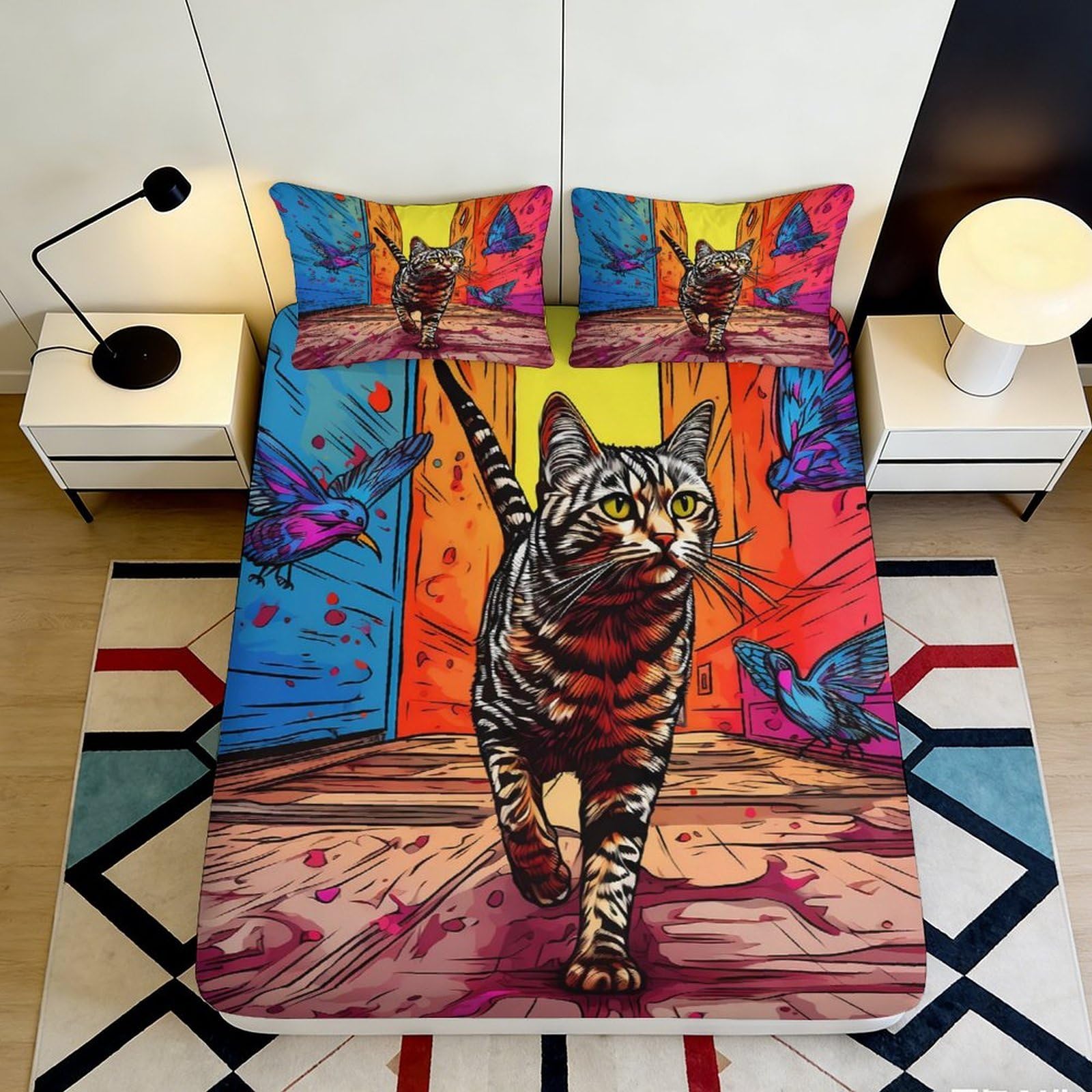 3D Printed Artistic Cat Fitted Sheet Microfiber Deep Pocket Non-Slip Bedroom Bedding Artistic Cat Mattress Fitted Cover Washable for All Ages 200x200x25cm 90x200x25cm